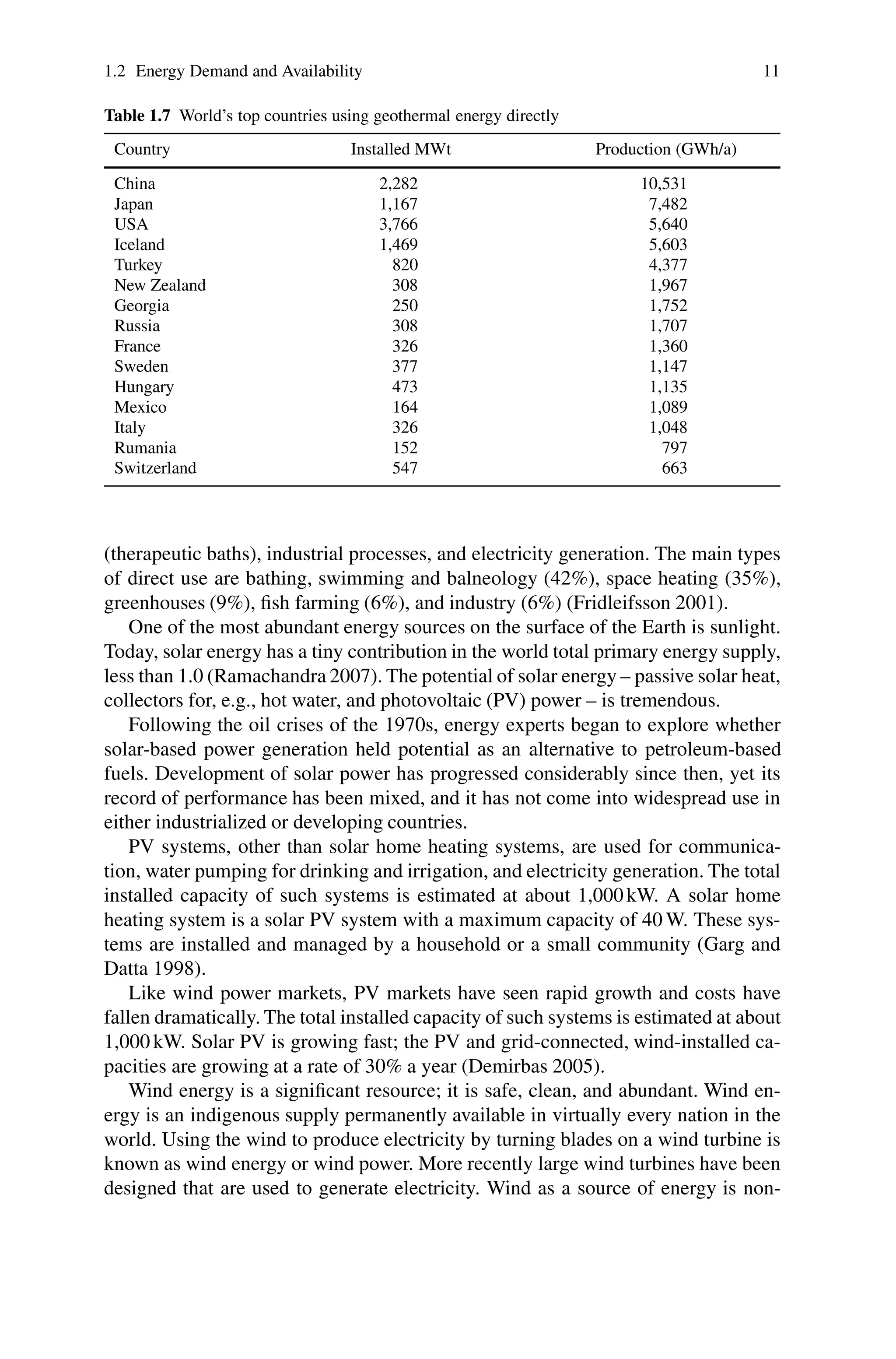 1.2 Energy Demand and Availability 11
Table 1.7 World’s top countries using geothermal energy directly
Country Installed MWt Production (GWh/a)
China 2,282 10,531
Japan 1,167 7,482
USA 3,766 5,640
Iceland 1,469 5,603
Turkey 820 4,377
New Zealand 308 1,967
Georgia 250 1,752
Russia 308 1,707
France 326 1,360
Sweden 377 1,147
Hungary 473 1,135
Mexico 164 1,089
Italy 326 1,048
Rumania 152 797
Switzerland 547 663
(therapeutic baths), industrial processes, and electricity generation. The main types
of direct use are bathing, swimming and balneology (42%), space heating (35%),
greenhouses (9%), fish farming (6%), and industry (6%) (Fridleifsson 2001).
One of the most abundant energy sources on the surface of the Earth is sunlight.
Today, solar energy has a tiny contribution in the world total primary energy supply,
less than 1.0 (Ramachandra 2007). The potential of solar energy – passive solar heat,
collectors for, e.g., hot water, and photovoltaic (PV) power – is tremendous.
Following the oil crises of the 1970s, energy experts began to explore whether
solar-based power generation held potential as an alternative to petroleum-based
fuels. Development of solar power has progressed considerably since then, yet its
record of performance has been mixed, and it has not come into widespread use in
either industrialized or developing countries.
PV systems, other than solar home heating systems, are used for communica-
tion, water pumping for drinking and irrigation, and electricity generation. The total
installed capacity of such systems is estimated at about 1,000kW. A solar home
heating system is a solar PV system with a maximum capacity of 40 W. These sys-
tems are installed and managed by a household or a small community (Garg and
Datta 1998).
Like wind power markets, PV markets have seen rapid growth and costs have
fallen dramatically. The total installed capacity of such systems is estimated at about
1,000 kW. Solar PV is growing fast; the PV and grid-connected, wind-installed ca-
pacities are growing at a rate of 30% a year (Demirbas 2005).
Wind energy is a significant resource; it is safe, clean, and abundant. Wind en-
ergy is an indigenous supply permanently available in virtually every nation in the
world. Using the wind to produce electricity by turning blades on a wind turbine is
known as wind energy or wind power. More recently large wind turbines have been
designed that are used to generate electricity. Wind as a source of energy is non-
 