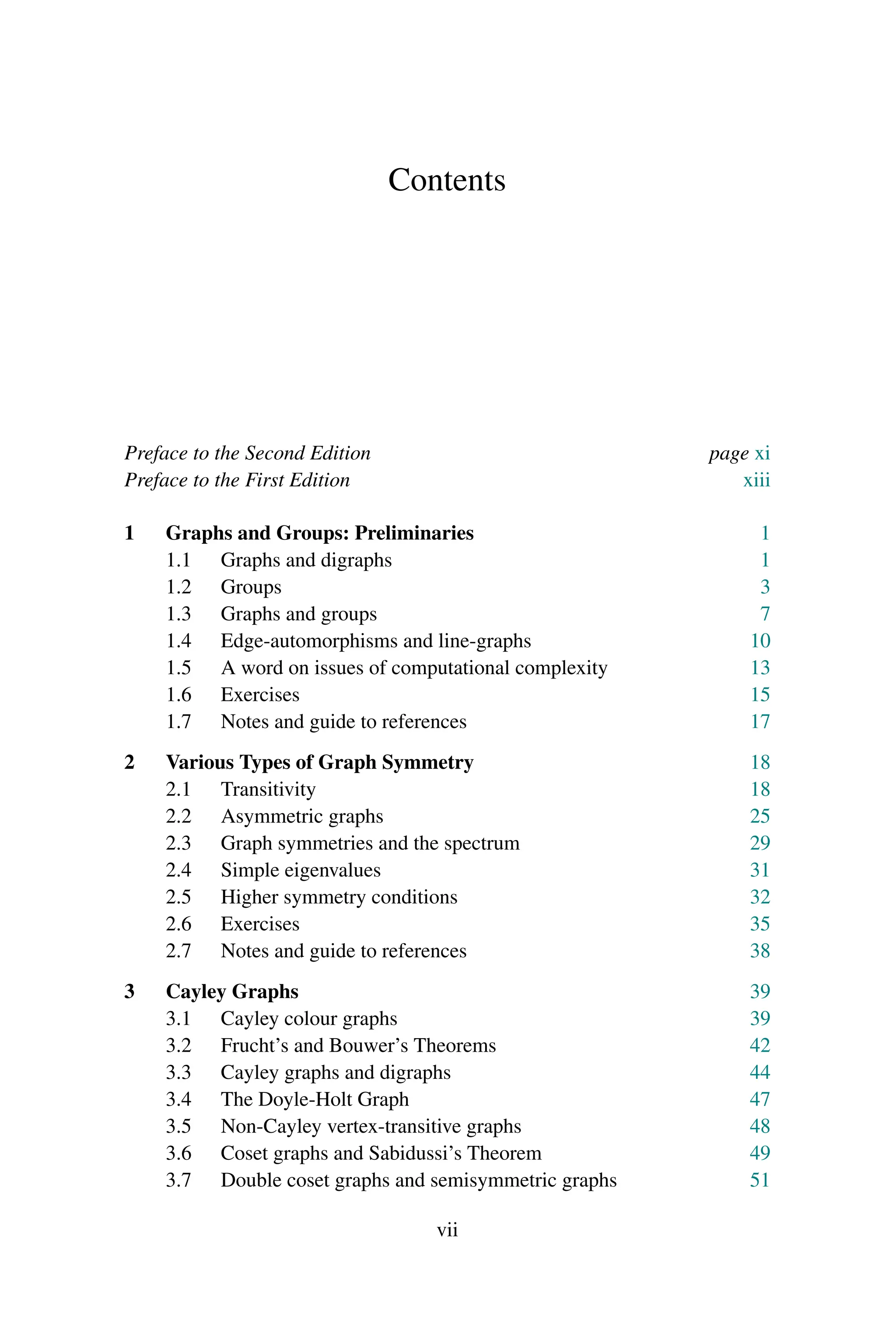 Contents
Preface to the Second Edition page xi
Preface to the First Edition xiii
1 Graphs and Groups: Preliminaries 1
1.1 Graphs and digraphs 1
1.2 Groups 3
1.3 Graphs and groups 7
1.4 Edge-automorphisms and line-graphs 10
1.5 A word on issues of computational complexity 13
1.6 Exercises 15
1.7 Notes and guide to references 17
2 Various Types of Graph Symmetry 18
2.1 Transitivity 18
2.2 Asymmetric graphs 25
2.3 Graph symmetries and the spectrum 29
2.4 Simple eigenvalues 31
2.5 Higher symmetry conditions 32
2.6 Exercises 35
2.7 Notes and guide to references 38
3 Cayley Graphs 39
3.1 Cayley colour graphs 39
3.2 Frucht’s and Bouwer’s Theorems 42
3.3 Cayley graphs and digraphs 44
3.4 The Doyle-Holt Graph 47
3.5 Non-Cayley vertex-transitive graphs 48
3.6 Coset graphs and Sabidussi’s Theorem 49
3.7 Double coset graphs and semisymmetric graphs 51
vii
 