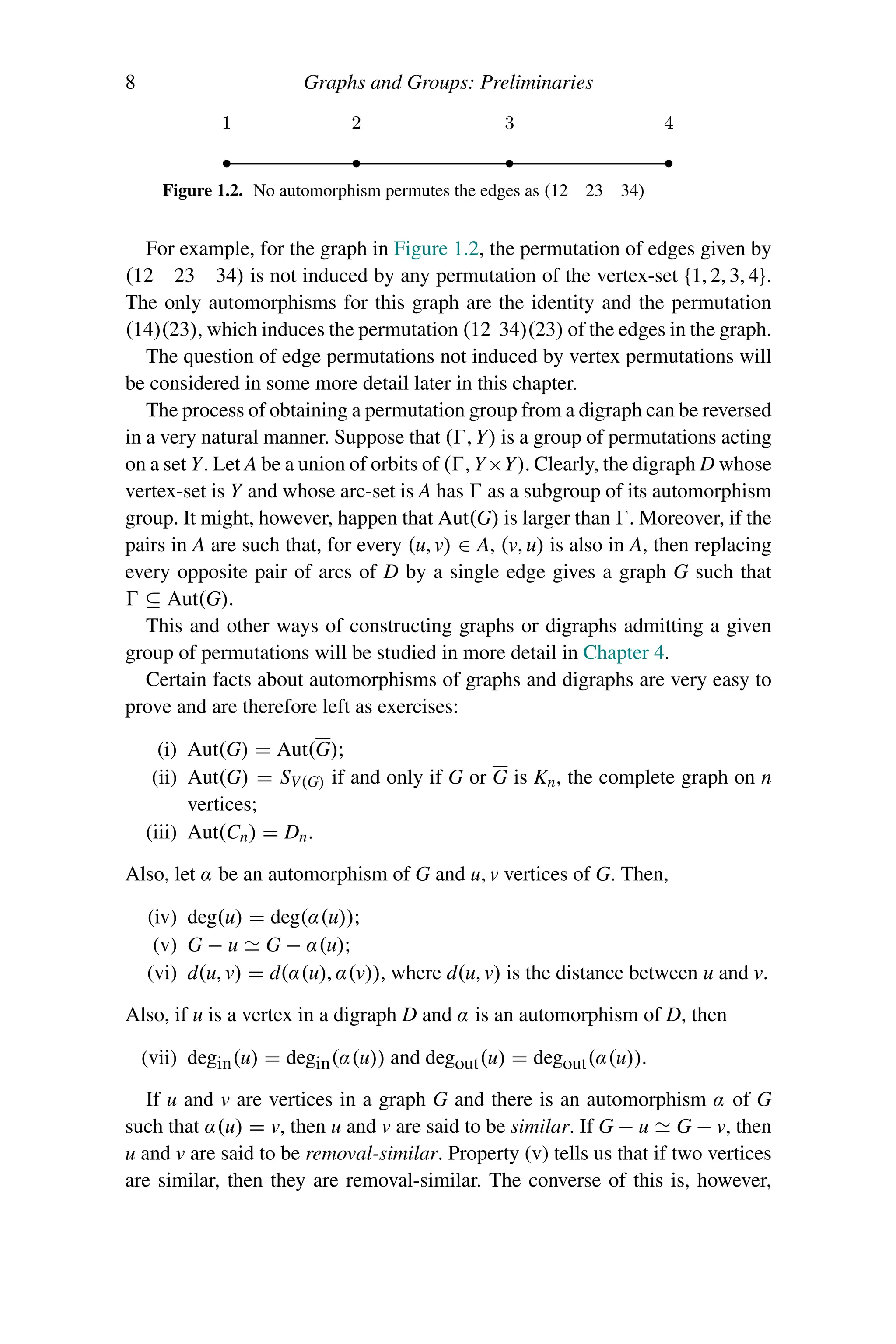 8 Graphs and Groups: Preliminaries
Figure 1.2. No automorphism permutes the edges as (12 23 34)
For example, for the graph in Figure 1.2, the permutation of edges given by
(12 23 34) is not induced by any permutation of the vertex-set {1, 2, 3, 4}.
The only automorphisms for this graph are the identity and the permutation
(14)(23), which induces the permutation (12 34)(23) of the edges in the graph.
The question of edge permutations not induced by vertex permutations will
be considered in some more detail later in this chapter.
The process of obtaining a permutation group from a digraph can be reversed
in a very natural manner. Suppose that (, Y) is a group of permutations acting
on a set Y. Let A be a union of orbits of (, Y×Y). Clearly, the digraph D whose
vertex-set is Y and whose arc-set is A has  as a subgroup of its automorphism
group. It might, however, happen that Aut(G) is larger than . Moreover, if the
pairs in A are such that, for every (u, v) ∈ A, (v, u) is also in A, then replacing
every opposite pair of arcs of D by a single edge gives a graph G such that
 ⊆ Aut(G).
This and other ways of constructing graphs or digraphs admitting a given
group of permutations will be studied in more detail in Chapter 4.
Certain facts about automorphisms of graphs and digraphs are very easy to
prove and are therefore left as exercises:
(i) Aut(G) = Aut(G);
(ii) Aut(G) = SV(G) if and only if G or G is Kn, the complete graph on n
vertices;
(iii) Aut(Cn) = Dn.
Also, let α be an automorphism of G and u, v vertices of G. Then,
(iv) deg(u) = deg(α(u));
(v) G − u  G − α(u);
(vi) d(u, v) = d(α(u), α(v)), where d(u, v) is the distance between u and v.
Also, if u is a vertex in a digraph D and α is an automorphism of D, then
(vii) degin(u) = degin(α(u)) and degout(u) = degout(α(u)).
If u and v are vertices in a graph G and there is an automorphism α of G
such that α(u) = v, then u and v are said to be similar. If G − u  G − v, then
u and v are said to be removal-similar. Property (v) tells us that if two vertices
are similar, then they are removal-similar. The converse of this is, however,
 