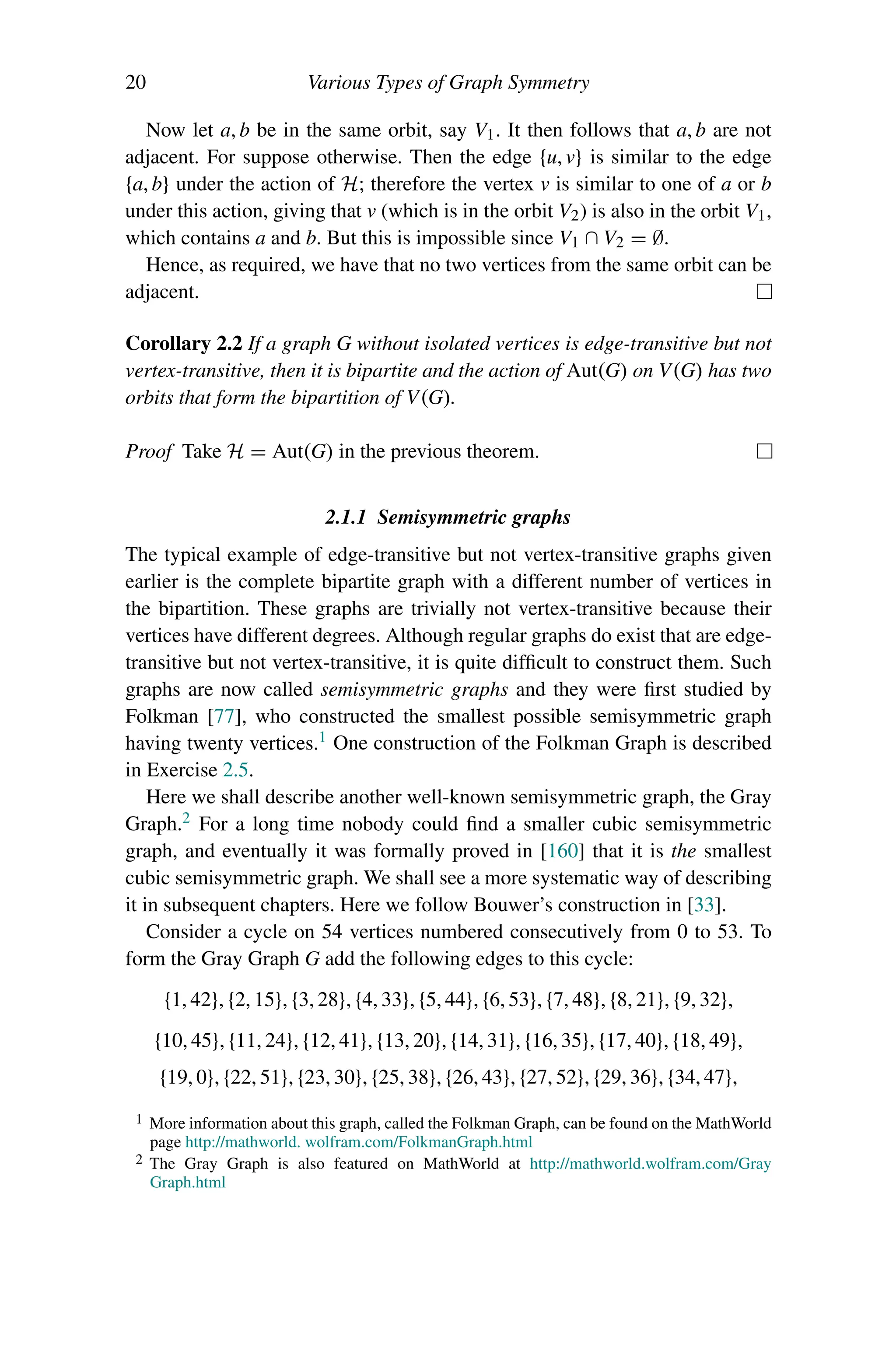 20 Various Types of Graph Symmetry
Now let a, b be in the same orbit, say V1. It then follows that a, b are not
adjacent. For suppose otherwise. Then the edge {u, v} is similar to the edge
{a, b} under the action of H; therefore the vertex v is similar to one of a or b
under this action, giving that v (which is in the orbit V2) is also in the orbit V1,
which contains a and b. But this is impossible since V1 ∩ V2 = ∅.
Hence, as required, we have that no two vertices from the same orbit can be
adjacent.
Corollary 2.2 If a graph G without isolated vertices is edge-transitive but not
vertex-transitive, then it is bipartite and the action of Aut(G) on V(G) has two
orbits that form the bipartition of V(G).
Proof Take H = Aut(G) in the previous theorem.
2.1.1 Semisymmetric graphs
The typical example of edge-transitive but not vertex-transitive graphs given
earlier is the complete bipartite graph with a different number of vertices in
the bipartition. These graphs are trivially not vertex-transitive because their
vertices have different degrees. Although regular graphs do exist that are edge-
transitive but not vertex-transitive, it is quite difficult to construct them. Such
graphs are now called semisymmetric graphs and they were first studied by
Folkman [77], who constructed the smallest possible semisymmetric graph
having twenty vertices.1 One construction of the Folkman Graph is described
in Exercise 2.5.
Here we shall describe another well-known semisymmetric graph, the Gray
Graph.2 For a long time nobody could find a smaller cubic semisymmetric
graph, and eventually it was formally proved in [160] that it is the smallest
cubic semisymmetric graph. We shall see a more systematic way of describing
it in subsequent chapters. Here we follow Bouwer’s construction in [33].
Consider a cycle on 54 vertices numbered consecutively from 0 to 53. To
form the Gray Graph G add the following edges to this cycle:
{1, 42}, {2, 15}, {3, 28}, {4, 33}, {5, 44}, {6, 53}, {7, 48}, {8, 21}, {9, 32},
{10, 45}, {11, 24}, {12, 41}, {13, 20}, {14, 31}, {16, 35}, {17, 40}, {18, 49},
{19, 0}, {22, 51}, {23, 30}, {25, 38}, {26, 43}, {27, 52}, {29, 36}, {34, 47},
1 More information about this graph, called the Folkman Graph, can be found on the MathWorld
page http://mathworld. wolfram.com/FolkmanGraph.html
2 The Gray Graph is also featured on MathWorld at http://mathworld.wolfram.com/Gray
Graph.html
 
