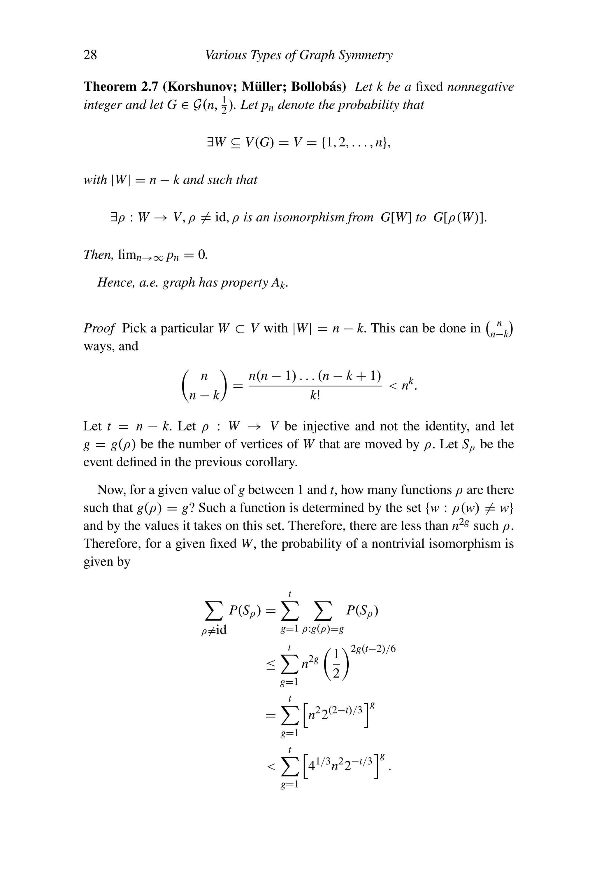 28 Various Types of Graph Symmetry
Theorem 2.7 (Korshunov; Müller; Bollobás) Let k be a fixed nonnegative
integer and let G ∈ G(n, 1
2 ). Let pn denote the probability that
∃W ⊆ V(G) = V = {1, 2, . . . , n},
with |W| = n − k and such that
∃ρ : W → V, ρ = id, ρ is an isomorphism from G[W] to G[ρ(W)].
Then, limn→∞ pn = 0.
Hence, a.e. graph has property Ak.
Proof Pick a particular W ⊂ V with |W| = n − k. This can be done in
 n
n−k

ways, and

n
n − k

=
n(n − 1) . . . (n − k + 1)
k!
 nk
.
Let t = n − k. Let ρ : W → V be injective and not the identity, and let
g = g(ρ) be the number of vertices of W that are moved by ρ. Let Sρ be the
event defined in the previous corollary.
Now, for a given value of g between 1 and t, how many functions ρ are there
such that g(ρ) = g? Such a function is determined by the set {w : ρ(w) = w}
and by the values it takes on this set. Therefore, there are less than n2g such ρ.
Therefore, for a given fixed W, the probability of a nontrivial isomorphism is
given by

ρ=id
P(Sρ) =
t

g=1

ρ:g(ρ)=g
P(Sρ)
≤
t

g=1
n2g

1
2
2g(t−2)/6
=
t

g=1

n2
2(2−t)/3
g

t

g=1

41/3
n2
2−t/3
g
.
 
