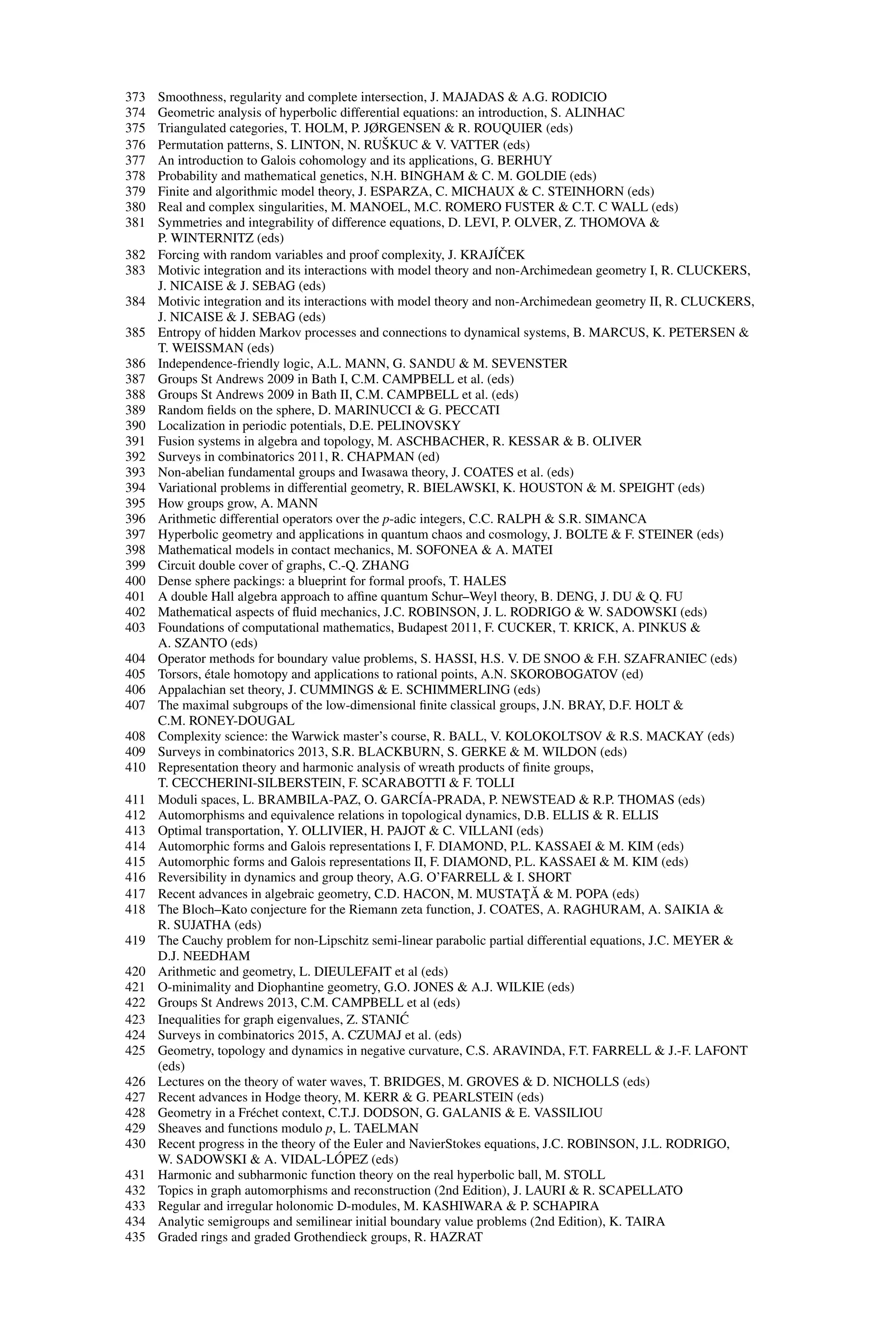 373 Smoothness, regularity and complete intersection, J. MAJADAS & A.G. RODICIO
374 Geometric analysis of hyperbolic differential equations: an introduction, S. ALINHAC
375 Triangulated categories, T. HOLM, P. JØRGENSEN & R. ROUQUIER (eds)
376 Permutation patterns, S. LINTON, N. RUŠKUC & V. VATTER (eds)
377 An introduction to Galois cohomology and its applications, G. BERHUY
378 Probability and mathematical genetics, N.H. BINGHAM & C. M. GOLDIE (eds)
379 Finite and algorithmic model theory, J. ESPARZA, C. MICHAUX & C. STEINHORN (eds)
380 Real and complex singularities, M. MANOEL, M.C. ROMERO FUSTER & C.T. C WALL (eds)
381 Symmetries and integrability of difference equations, D. LEVI, P. OLVER, Z. THOMOVA &
P. WINTERNITZ (eds)
382 Forcing with random variables and proof complexity, J. KRAJÍČEK
383 Motivic integration and its interactions with model theory and non-Archimedean geometry I, R. CLUCKERS,
J. NICAISE & J. SEBAG (eds)
384 Motivic integration and its interactions with model theory and non-Archimedean geometry II, R. CLUCKERS,
J. NICAISE & J. SEBAG (eds)
385 Entropy of hidden Markov processes and connections to dynamical systems, B. MARCUS, K. PETERSEN &
T. WEISSMAN (eds)
386 Independence-friendly logic, A.L. MANN, G. SANDU & M. SEVENSTER
387 Groups St Andrews 2009 in Bath I, C.M. CAMPBELL et al. (eds)
388 Groups St Andrews 2009 in Bath II, C.M. CAMPBELL et al. (eds)
389 Random fields on the sphere, D. MARINUCCI & G. PECCATI
390 Localization in periodic potentials, D.E. PELINOVSKY
391 Fusion systems in algebra and topology, M. ASCHBACHER, R. KESSAR & B. OLIVER
392 Surveys in combinatorics 2011, R. CHAPMAN (ed)
393 Non-abelian fundamental groups and Iwasawa theory, J. COATES et al. (eds)
394 Variational problems in differential geometry, R. BIELAWSKI, K. HOUSTON & M. SPEIGHT (eds)
395 How groups grow, A. MANN
396 Arithmetic differential operators over the p-adic integers, C.C. RALPH & S.R. SIMANCA
397 Hyperbolic geometry and applications in quantum chaos and cosmology, J. BOLTE & F. STEINER (eds)
398 Mathematical models in contact mechanics, M. SOFONEA & A. MATEI
399 Circuit double cover of graphs, C.-Q. ZHANG
400 Dense sphere packings: a blueprint for formal proofs, T. HALES
401 A double Hall algebra approach to affine quantum Schur–Weyl theory, B. DENG, J. DU & Q. FU
402 Mathematical aspects of fluid mechanics, J.C. ROBINSON, J. L. RODRIGO & W. SADOWSKI (eds)
403 Foundations of computational mathematics, Budapest 2011, F. CUCKER, T. KRICK, A. PINKUS &
A. SZANTO (eds)
404 Operator methods for boundary value problems, S. HASSI, H.S. V. DE SNOO & F.H. SZAFRANIEC (eds)
405 Torsors, étale homotopy and applications to rational points, A.N. SKOROBOGATOV (ed)
406 Appalachian set theory, J. CUMMINGS & E. SCHIMMERLING (eds)
407 The maximal subgroups of the low-dimensional finite classical groups, J.N. BRAY, D.F. HOLT &
C.M. RONEY-DOUGAL
408 Complexity science: the Warwick master’s course, R. BALL, V. KOLOKOLTSOV & R.S. MACKAY (eds)
409 Surveys in combinatorics 2013, S.R. BLACKBURN, S. GERKE & M. WILDON (eds)
410 Representation theory and harmonic analysis of wreath products of finite groups,
T. CECCHERINI-SILBERSTEIN, F. SCARABOTTI & F. TOLLI
411 Moduli spaces, L. BRAMBILA-PAZ, O. GARCÍA-PRADA, P. NEWSTEAD & R.P. THOMAS (eds)
412 Automorphisms and equivalence relations in topological dynamics, D.B. ELLIS & R. ELLIS
413 Optimal transportation, Y. OLLIVIER, H. PAJOT & C. VILLANI (eds)
414 Automorphic forms and Galois representations I, F. DIAMOND, P.L. KASSAEI & M. KIM (eds)
415 Automorphic forms and Galois representations II, F. DIAMOND, P.L. KASSAEI & M. KIM (eds)
416 Reversibility in dynamics and group theory, A.G. O’FARRELL & I. SHORT
417 Recent advances in algebraic geometry, C.D. HACON, M. MUSTAŢĂ & M. POPA (eds)
418 The Bloch–Kato conjecture for the Riemann zeta function, J. COATES, A. RAGHURAM, A. SAIKIA &
R. SUJATHA (eds)
419 The Cauchy problem for non-Lipschitz semi-linear parabolic partial differential equations, J.C. MEYER &
D.J. NEEDHAM
420 Arithmetic and geometry, L. DIEULEFAIT et al (eds)
421 O-minimality and Diophantine geometry, G.O. JONES & A.J. WILKIE (eds)
422 Groups St Andrews 2013, C.M. CAMPBELL et al (eds)
423 Inequalities for graph eigenvalues, Z. STANIĆ
424 Surveys in combinatorics 2015, A. CZUMAJ et al. (eds)
425 Geometry, topology and dynamics in negative curvature, C.S. ARAVINDA, F.T. FARRELL & J.-F. LAFONT
(eds)
426 Lectures on the theory of water waves, T. BRIDGES, M. GROVES & D. NICHOLLS (eds)
427 Recent advances in Hodge theory, M. KERR & G. PEARLSTEIN (eds)
428 Geometry in a Fréchet context, C.T.J. DODSON, G. GALANIS & E. VASSILIOU
429 Sheaves and functions modulo p, L. TAELMAN
430 Recent progress in the theory of the Euler and NavierStokes equations, J.C. ROBINSON, J.L. RODRIGO,
W. SADOWSKI & A. VIDAL-LÓPEZ (eds)
431 Harmonic and subharmonic function theory on the real hyperbolic ball, M. STOLL
432 Topics in graph automorphisms and reconstruction (2nd Edition), J. LAURI & R. SCAPELLATO
433 Regular and irregular holonomic D-modules, M. KASHIWARA & P. SCHAPIRA
434 Analytic semigroups and semilinear initial boundary value problems (2nd Edition), K. TAIRA
435 Graded rings and graded Grothendieck groups, R. HAZRAT
 