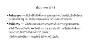 ประเภทของสิ ทธิ
• สิทธิมหาชน --- เป็ นสิทธิซงเกิดขึ ้นจากกฎหมายมหาชน โดยทัวไปเป็ นสิทธิของ
ึ่
่
พลเมืองที่ดีตอรัฐ เช่น สิทธิในการชุมนุม สิทธิในการแสดงความคิดเห็น
่
• สิทธิเอกชน --- เป็ นสิทธิระหว่างเอกชนกับเอกชนซึงเกิดจากกฎหมายเอกชน
่
- สิทธิมิใช่ทางทรัพย์สิน --- สิทธิในร่างกาย อนามัย เสรี ภาพ ชื่อเสียง สิทธิของ
บิดามารดา สิทธิการเป็ นสามีภรรยา เป็ นต้ น
- สิทธิทางทรัพย์สิน --- กรรมสิทธิ์ สิทธิ์ทางหนี ้ เป็ นต้ น

 