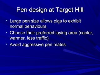 Pen design at Target HillPen design at Target Hill
• Large pen size allows pigs to exhibitLarge pen size allows pigs to exhibit
normal behavioursnormal behaviours
• Choose their preferred laying area (cooler,Choose their preferred laying area (cooler,
warmer, less traffic)warmer, less traffic)
• Avoid aggressive pen matesAvoid aggressive pen mates
 