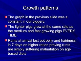 Growth patternsGrowth patterns
The graph in the previous slide was aThe graph in the previous slide was a
constant in our piggery.constant in our piggery.
The lighter pigs grew at the same rate asThe lighter pigs grew at the same rate as
the medium and fast growing pigs EVERYthe medium and fast growing pigs EVERY
TIME.TIME.
Runts at arrival lost pot belly and hairinessRunts at arrival lost pot belly and hairiness
in 7 days on higher ration proving runtsin 7 days on higher ration proving runts
are simply suffering malnutrition on ageare simply suffering malnutrition on age
based dietsbased diets
 