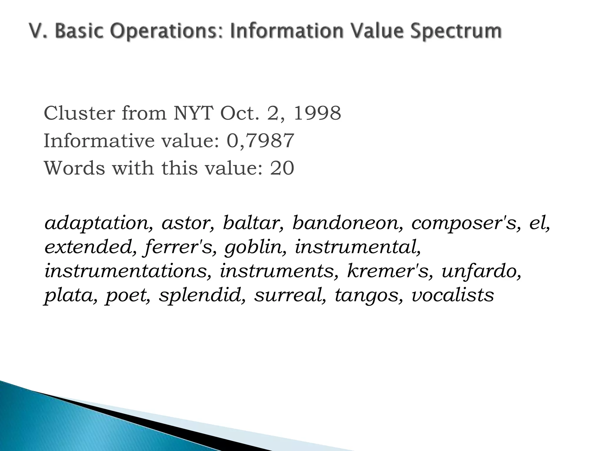 Cluster from NYT Oct. 2, 1998
Informative value: 0,7987
Words with this value: 20
adaptation, astor, baltar, bandoneon, composer's, el,
extended, ferrer's, goblin, instrumental,
instrumentations, instruments, kremer's, unfardo,
plata, poet, splendid, surreal, tangos, vocalists
 