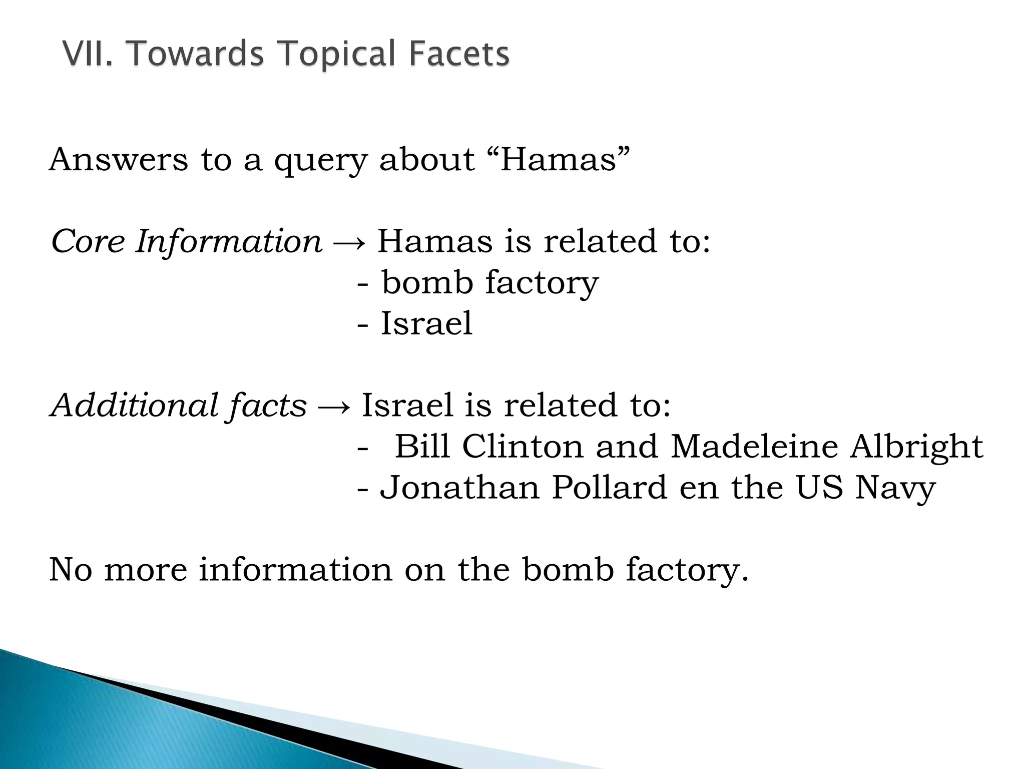 Answers to a query about “Hamas”
Core Information → Hamas is related to:
- bomb factory
- Israel
Additional facts → Israel is related to:
- Bill Clinton and Madeleine Albright
- Jonathan Pollard en the US Navy
No more information on the bomb factory.
VII. Towards Topical Facets
 