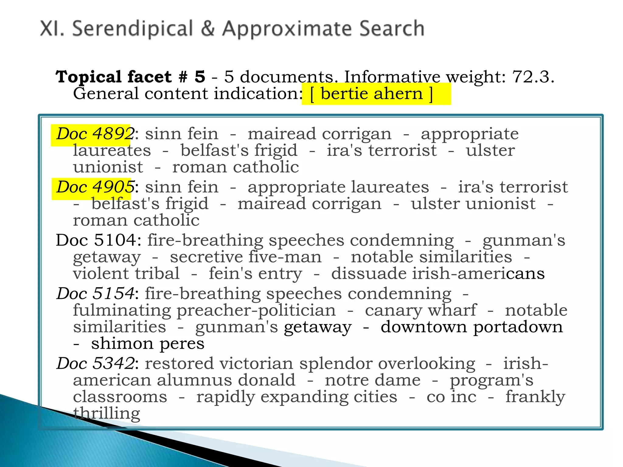 Topical facet # 5 - 5 documents. Informative weight: 72.3.
General content indication: [ bertie ahern ]
Doc 4892: sinn fein - mairead corrigan - appropriate
laureates - belfast's frigid - ira's terrorist - ulster
unionist - roman catholic
Doc 4905: sinn fein - appropriate laureates - ira's terrorist
- belfast's frigid - mairead corrigan - ulster unionist -
roman catholic
Doc 5104: fire-breathing speeches condemning - gunman's
getaway - secretive five-man - notable similarities -
violent tribal - fein's entry - dissuade irish-americans
Doc 5154: fire-breathing speeches condemning -
fulminating preacher-politician - canary wharf - notable
similarities - gunman's getaway - downtown portadown
- shimon peres
Doc 5342: restored victorian splendor overlooking - irish-
american alumnus donald - notre dame - program's
classrooms - rapidly expanding cities - co inc - frankly
thrilling
 