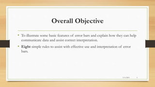 Overall Objective
• To illustrate some basic features of error bars and explain how they can help
communicate data and assist correct interpretation.
• Eight simple rules to assist with effective use and interpretation of error
bars.
3/11/2015 3
 