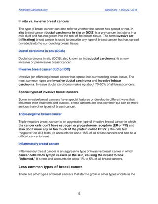 American Cancer Society cancer.org | 1.800.227.2345
____________________________________________________________________________________
In situ vs. invasive breast cancers
The type of breast cancer can also refer to whether the cancer has spread or not. In
situ breast cancer (ductal carcinoma in situ or DCIS) is a pre-cancer that starts in a
milk duct and has not grown into the rest of the breast tissue. The term invasive (or
infiltrating) breast cancer is used to describe any type of breast cancer that has spread
(invaded) into the surrounding breast tissue.
Ductal carcinoma in situ (DCIS)
Ductal carcinoma in situ (DCIS; also known as intraductal carcinoma) is a non-
invasive or pre-invasive breast cancer.
Invasive breast cancer (ILC or IDC)
Invasive (or infiltrating) breast cancer has spread into surrounding breast tissue. The
most common types are invasive ductal carcinoma and invasive lobular
carcinoma. Invasive ductal carcinoma makes up about 70-80% of all breast cancers.
Special types of invasive breast cancers
Some invasive breast cancers have special features or develop in different ways that
influence their treatment and outlook. These cancers are less common but can be more
serious than other types of breast cancer.
Triple-negative breast cancer
Triple-negative breast cancer is an aggressive type of invasive breast cancer in which
the cancer cells don’t have estrogen or progesterone receptors (ER or PR) and
also don’t make any or too much of the protein called HER2. (The cells test
"negative" on all 3 tests.) It accounts for about 15% of all breast cancers and can be a
difficult cancer to treat.
Inflammatory breast cancer
Inflammatory breast cancer is an aggressive type of invasive breast cancer in which
cancer cells block lymph vessels in the skin, causing the breast to look
"inflamed." It is rare and accounts for about 1% to 5% of all breast cancers.
Less common types of breast cancer
There are other types of breast cancers that start to grow in other types of cells in the
12
 