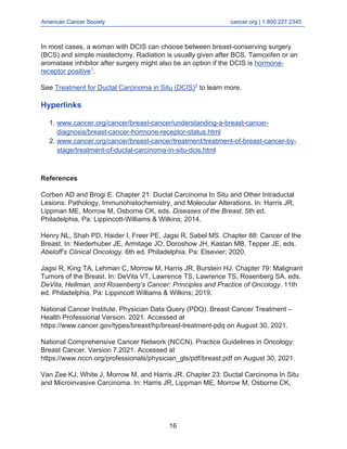 American Cancer Society cancer.org | 1.800.227.2345
____________________________________________________________________________________
In most cases, a woman with DCIS can choose between breast-conserving surgery
(BCS) and simple mastectomy. Radiation is usually given after BCS. Tamoxifen or an
aromatase inhibitor after surgery might also be an option if the DCIS is hormone-
receptor positive1
.
See Treatment for Ductal Carcinoma in Situ (DCIS)2
to learn more.
Hyperlinks
www.cancer.org/cancer/breast-cancer/understanding-a-breast-cancer-
diagnosis/breast-cancer-hormone-receptor-status.html
1.
www.cancer.org/cancer/breast-cancer/treatment/treatment-of-breast-cancer-by-
stage/treatment-of-ductal-carcinoma-in-situ-dcis.html
2.
References
Corben AD and Brogi E. Chapter 21: Ductal Carcinoma In Situ and Other Intraductal
Lesions: Pathology, Immunohistochemistry, and Molecular Alterations. In: Harris JR,
Lippman ME, Morrow M, Osborne CK, eds. Diseases of the Breast. 5th ed.
Philadelphia, Pa: Lippincott-Williams & Wilkins; 2014.
Henry NL, Shah PD, Haider I, Freer PE, Jagsi R, Sabel MS. Chapter 88: Cancer of the
Breast. In: Niederhuber JE, Armitage JO, Doroshow JH, Kastan MB, Tepper JE, eds.
Abeloff’s Clinical Oncology. 6th ed. Philadelphia, Pa: Elsevier; 2020.
Jagsi R, King TA, Lehman C, Morrow M, Harris JR, Burstein HJ. Chapter 79: Malignant
Tumors of the Breast. In: DeVita VT, Lawrence TS, Lawrence TS, Rosenberg SA, eds.
DeVita, Hellman, and Rosenberg’s Cancer: Principles and Practice of Oncology. 11th
ed. Philadelphia, Pa: Lippincott Williams & Wilkins; 2019.
National Cancer Institute. Physician Data Query (PDQ). Breast Cancer Treatment –
Health Professional Version. 2021. Accessed at
https://www.cancer.gov/types/breast/hp/breast-treatment-pdq on August 30, 2021.
National Comprehensive Cancer Network (NCCN). Practice Guidelines in Oncology:
Breast Cancer. Version 7.2021. Accessed at
https://www.nccn.org/professionals/physician_gls/pdf/breast.pdf on August 30, 2021.
Van Zee KJ, White J, Morrow M, and Harris JR. Chapter 23: Ductal Carcinoma In Situ
and Microinvasive Carcinoma. In: Harris JR, Lippman ME, Morrow M, Osborne CK,
16
 