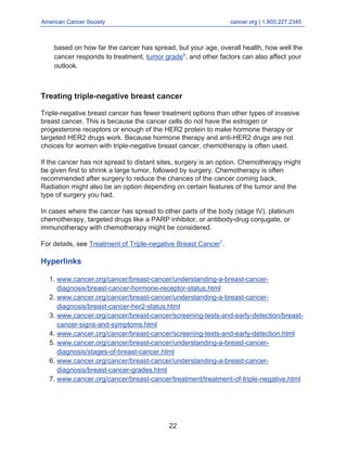 American Cancer Society cancer.org | 1.800.227.2345
____________________________________________________________________________________
based on how far the cancer has spread, but your age, overall health, how well the
cancer responds to treatment, tumor grade6
, and other factors can also affect your
outlook.
Treating triple-negative breast cancer
Triple-negative breast cancer has fewer treatment options than other types of invasive
breast cancer. This is because the cancer cells do not have the estrogen or
progesterone receptors or enough of the HER2 protein to make hormone therapy or
targeted HER2 drugs work. Because hormone therapy and anti-HER2 drugs are not
choices for women with triple-negative breast cancer, chemotherapy is often used.
If the cancer has not spread to distant sites, surgery is an option. Chemotherapy might
be given first to shrink a large tumor, followed by surgery. Chemotherapy is often
recommended after surgery to reduce the chances of the cancer coming back.
Radiation might also be an option depending on certain features of the tumor and the
type of surgery you had.
In cases where the cancer has spread to other parts of the body (stage IV), platinum
chemotherapy, targeted drugs like a PARP inhibitor, or antibody-drug conjugate, or
immunotherapy with chemotherapy might be considered.
For details, see Treatment of Triple-negative Breast Cancer7
.
Hyperlinks
www.cancer.org/cancer/breast-cancer/understanding-a-breast-cancer-
diagnosis/breast-cancer-hormone-receptor-status.html
1.
www.cancer.org/cancer/breast-cancer/understanding-a-breast-cancer-
diagnosis/breast-cancer-her2-status.html
2.
www.cancer.org/cancer/breast-cancer/screening-tests-and-early-detection/breast-
cancer-signs-and-symptoms.html
3.
www.cancer.org/cancer/breast-cancer/screening-tests-and-early-detection.html
4.
www.cancer.org/cancer/breast-cancer/understanding-a-breast-cancer-
diagnosis/stages-of-breast-cancer.html
5.
www.cancer.org/cancer/breast-cancer/understanding-a-breast-cancer-
diagnosis/breast-cancer-grades.html
6.
www.cancer.org/cancer/breast-cancer/treatment/treatment-of-triple-negative.html
7.
22
 