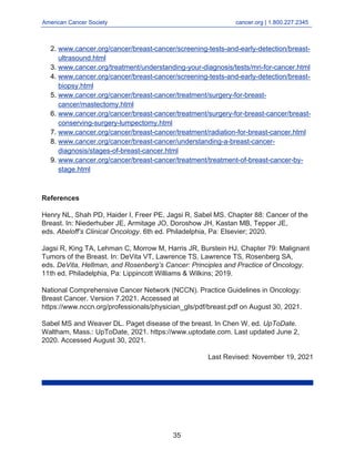 American Cancer Society cancer.org | 1.800.227.2345
____________________________________________________________________________________
www.cancer.org/cancer/breast-cancer/screening-tests-and-early-detection/breast-
ultrasound.html
2.
www.cancer.org/treatment/understanding-your-diagnosis/tests/mri-for-cancer.html
3.
www.cancer.org/cancer/breast-cancer/screening-tests-and-early-detection/breast-
biopsy.html
4.
www.cancer.org/cancer/breast-cancer/treatment/surgery-for-breast-
cancer/mastectomy.html
5.
www.cancer.org/cancer/breast-cancer/treatment/surgery-for-breast-cancer/breast-
conserving-surgery-lumpectomy.html
6.
www.cancer.org/cancer/breast-cancer/treatment/radiation-for-breast-cancer.html
7.
www.cancer.org/cancer/breast-cancer/understanding-a-breast-cancer-
diagnosis/stages-of-breast-cancer.html
8.
www.cancer.org/cancer/breast-cancer/treatment/treatment-of-breast-cancer-by-
stage.html
9.
References
Henry NL, Shah PD, Haider I, Freer PE, Jagsi R, Sabel MS. Chapter 88: Cancer of the
Breast. In: Niederhuber JE, Armitage JO, Doroshow JH, Kastan MB, Tepper JE,
eds. Abeloff’s Clinical Oncology. 6th ed. Philadelphia, Pa: Elsevier; 2020.
Jagsi R, King TA, Lehman C, Morrow M, Harris JR, Burstein HJ. Chapter 79: Malignant
Tumors of the Breast. In: DeVita VT, Lawrence TS, Lawrence TS, Rosenberg SA,
eds. DeVita, Hellman, and Rosenberg’s Cancer: Principles and Practice of Oncology.
11th ed. Philadelphia, Pa: Lippincott Williams & Wilkins; 2019.
National Comprehensive Cancer Network (NCCN). Practice Guidelines in Oncology:
Breast Cancer. Version 7.2021. Accessed at
https://www.nccn.org/professionals/physician_gls/pdf/breast.pdf on August 30, 2021.
Sabel MS and Weaver DL. Paget disease of the breast. In Chen W, ed. UpToDate.
Waltham, Mass.: UpToDate, 2021. https://www.uptodate.com. Last updated June 2,
2020. Accessed August 30, 2021.
Last Revised: November 19, 2021
35
 