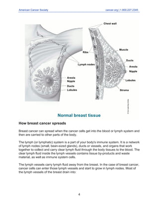 American Cancer Society cancer.org | 1.800.227.2345
____________________________________________________________________________________
How breast cancer spreads
Breast cancer can spread when the cancer cells get into the blood or lymph system and
then are carried to other parts of the body.
The lymph (or lymphatic) system is a part of your body's immune system. It is a network
of lymph nodes (small, bean-sized glands), ducts or vessels, and organs that work
together to collect and carry clear lymph fluid through the body tissues to the blood. The
clear lymph fluid inside the lymph vessels contains tissue by-products and waste
material, as well as immune system cells.
The lymph vessels carry lymph fluid away from the breast. In the case of breast cancer,
cancer cells can enter those lymph vessels and start to grow in lymph nodes. Most of
the lymph vessels of the breast drain into:
4
 