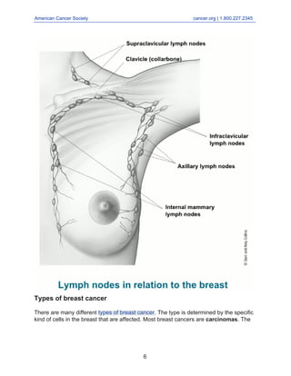 American Cancer Society cancer.org | 1.800.227.2345
____________________________________________________________________________________
Types of breast cancer
There are many different types of breast cancer. The type is determined by the specific
kind of cells in the breast that are affected. Most breast cancers are carcinomas. The
6
 