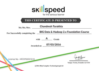 THIS CERTIFICATE IS PRESENTED TO
Mr./Ms./Mrs.
For Successfully completing the
Awarded on
with Grade
@2016 BlueCamphor Technologies(p)Ltd
Sanjay Verma, Founder & CEO
Chandresh Turakhia
BIG Data & Hadoop 2.x Foundation Course
A
07/03/2016
License No - HFC0702031610
for the serious learner
 