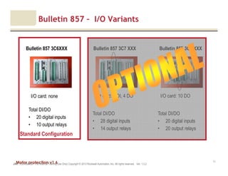 Motor protection v1.6JAK (Confidential – For Internal Training Use Only) Copyright © 2013 Rockwell Automation, Inc. All rights reserved. Ver. 1.3.2
11
Bulletin 857 – I/O Variants
Bulletin 857 3C8 XXXBulletin 857 3C7 XXX
Total DI/DO
• 20 digital inputs
• 20 output relays
Total DI/DO
• 28 digital inputs
• 14 output relays
I/O card: 8 DI, 4 DO I/O card: 10 DO
Bulletin 857 3C6XXX
Total DI/DO
• 20 digital inputs
• 10 output relays
I/O card: none
Standard Configuration
 