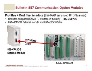 Motor protection v1.6(Confidential – For Internal Use Only) Copyright © 2013 Rockwell Automation, Inc. All rights reserved.
31
Bulletin 857 Communication Option Modules
ProfiBus + Dual fiber interface (857-RAD enhanced RTD Scanner)
• Requires compact RS232/TTL Interface in the relay – 857-3C6?EC
• 857-VPA3CG External module and 857-VX049 Cable
Bulletin 857-3C6AEC
857-VPA3CG
External Module
 