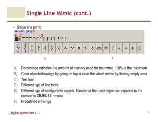 Motor protection v1.6
Single Line Mimic (cont.)
• Single line mimic
V1.0_20.4.2012_JV
54
B C D
FE
A
A) Percentage indicates the amount of memory used for the mimic. 100% is the maximum
B) Clear objects/drawings by going on top or clear the whole mimic by clicking empty area
C) Text tool
D) Different type of line tools
E) Different type of configurable objects. Number of the used object corresponds to the
number in OBJECTS –menu
F) Predefined drawings
 