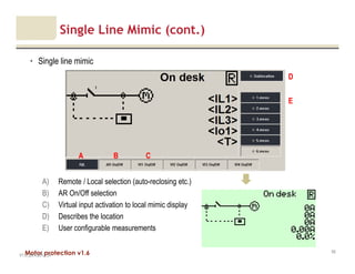 Motor protection v1.6
Single Line Mimic (cont.)
• Single line mimic
V1.0_20.4.2012_JV
55
B C
D
E
A
A) Remote / Local selection (auto-reclosing etc.)
B) AR On/Off selection
C) Virtual input activation to local mimic display
D) Describes the location
E) User configurable measurements
 