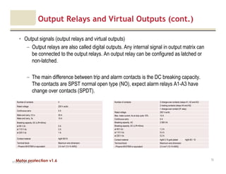 Motor protection v1.6
Output Relays and Virtual Outputs (cont.)
• Output signals (output relays and virtual outputs)
– Output relays are also called digital outputs. Any internal signal in output matrix can
be connected to the output relays. An output relay can be configured as latched or
non-latched.
– The main difference between trip and alarm contacts is the DC breaking capacity.
The contacts are SPST normal open type (NO), expect alarm relays A1-A3 have
change over contacts (SPDT).
V1.0_20.4.2012_JV
72
Number of contacts 4
Rated voltage 250 V ac/dc
Continuous carry 5 A
Make and carry, 0.5 s
Make and carry, 3s
30 A
15 A
Breaking capacity, DC (L/R=40ms)
at 48 V dc:
at 110 V dc:
at 220 V dc
5 A
3 A
1 A
Contact material AgNi 90/10
Terminal block: Maximum wire dimension:
- Phoenix MVSTBW or equivalent 2.5 mm2 (13-14 AWG)
Number of contacts: 3 change-over contacts (relays A1, A2 and A3)
2 making contacts (relays A4 and A5)
1 change-over contact (IF relay)
Rated voltage 250 V ac/dc
Max. make current, 4s at duty cycle 10% 15 A
Continuous carry 5 A
Breaking capacity, AC 2 000 VA
Breaking capacity, DC (L/R=40ms)
at 48 V dc:
at 110 V dc:
at 220 V dc
1,3 A
0,4 A
0,2 A
Contact material AgNi 0.15 gold plated AgNi 90 / 10
Terminal block Maximum wire dimension
- Phoenix MVSTBW or equivalent 2.5 mm2 (13-14 AWG)
 