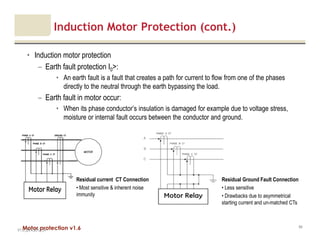Motor protection v1.6
Induction Motor Protection (cont.)
• Induction motor protection
– Earth fault protection I0>:
• An earth fault is a fault that creates a path for current to flow from one of the phases
directly to the neutral through the earth bypassing the load.
– Earth fault in motor occur:
• When its phase conductor’s insulation is damaged for example due to voltage stress,
moisture or internal fault occurs between the conductor and ground.
V1.0_20.4.2012_JV
84
Residual current CT Connection
• Most sensitive & inherent noise
immunity
Residual Ground Fault Connection
• Less sensitive
• Drawbacks due to asymmetrical
starting current and un-matched CTs
 