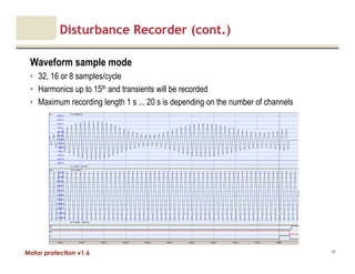 Motor protection v1.6
Disturbance Recorder (cont.)
Waveform sample mode
• 32, 16 or 8 samples/cycle
• Harmonics up to 15th and transients will be recorded
• Maximum recording length 1 s ... 20 s is depending on the number of channels
88
 