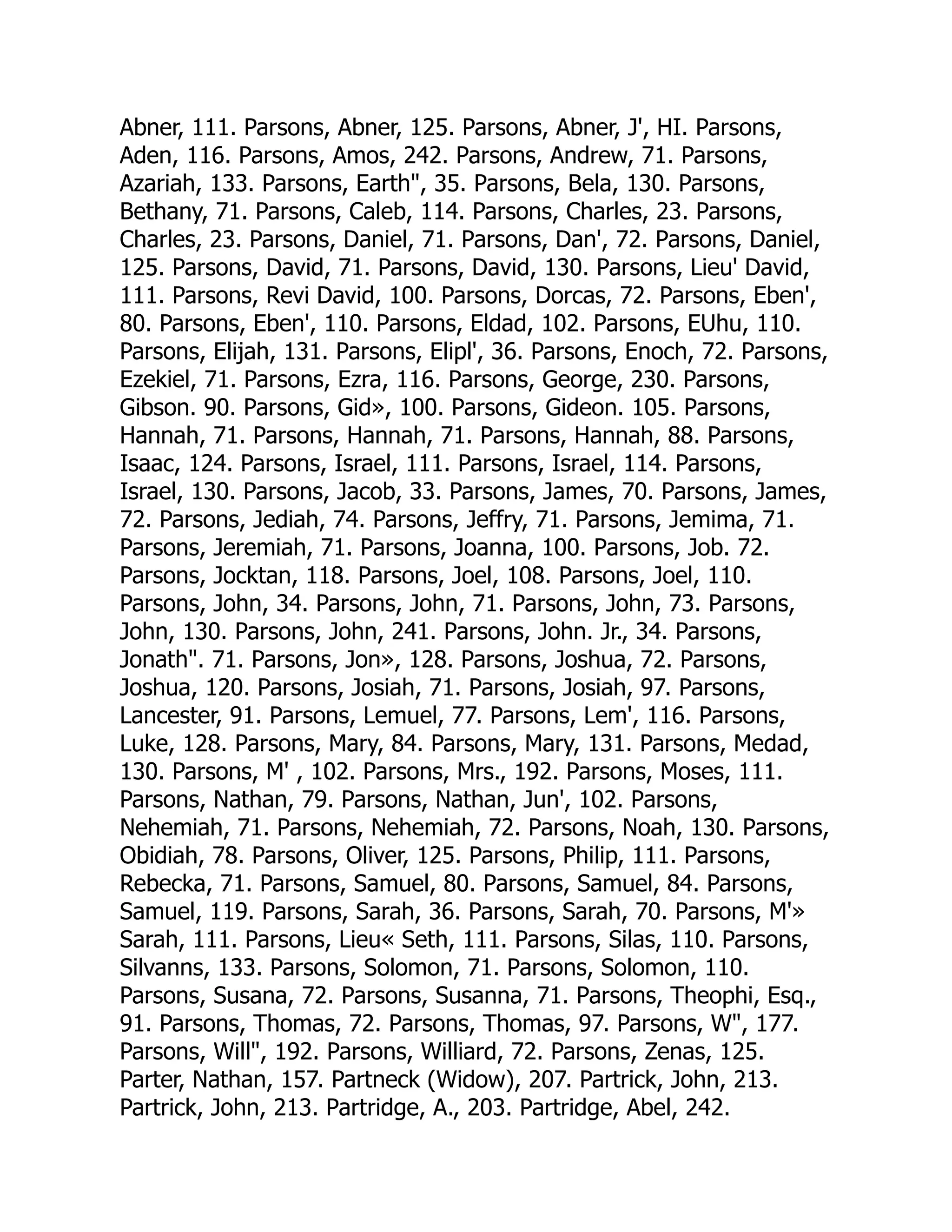 Abner, 111. Parsons, Abner, 125. Parsons, Abner, J', HI. Parsons,
Aden, 116. Parsons, Amos, 242. Parsons, Andrew, 71. Parsons,
Azariah, 133. Parsons, Earth, 35. Parsons, Bela, 130. Parsons,
Bethany, 71. Parsons, Caleb, 114. Parsons, Charles, 23. Parsons,
Charles, 23. Parsons, Daniel, 71. Parsons, Dan', 72. Parsons, Daniel,
125. Parsons, David, 71. Parsons, David, 130. Parsons, Lieu' David,
111. Parsons, Revi David, 100. Parsons, Dorcas, 72. Parsons, Eben',
80. Parsons, Eben', 110. Parsons, Eldad, 102. Parsons, EUhu, 110.
Parsons, Elijah, 131. Parsons, Elipl', 36. Parsons, Enoch, 72. Parsons,
Ezekiel, 71. Parsons, Ezra, 116. Parsons, George, 230. Parsons,
Gibson. 90. Parsons, Gid», 100. Parsons, Gideon. 105. Parsons,
Hannah, 71. Parsons, Hannah, 71. Parsons, Hannah, 88. Parsons,
Isaac, 124. Parsons, Israel, 111. Parsons, Israel, 114. Parsons,
Israel, 130. Parsons, Jacob, 33. Parsons, James, 70. Parsons, James,
72. Parsons, Jediah, 74. Parsons, Jeffry, 71. Parsons, Jemima, 71.
Parsons, Jeremiah, 71. Parsons, Joanna, 100. Parsons, Job. 72.
Parsons, Jocktan, 118. Parsons, Joel, 108. Parsons, Joel, 110.
Parsons, John, 34. Parsons, John, 71. Parsons, John, 73. Parsons,
John, 130. Parsons, John, 241. Parsons, John. Jr., 34. Parsons,
Jonath. 71. Parsons, Jon», 128. Parsons, Joshua, 72. Parsons,
Joshua, 120. Parsons, Josiah, 71. Parsons, Josiah, 97. Parsons,
Lancester, 91. Parsons, Lemuel, 77. Parsons, Lem', 116. Parsons,
Luke, 128. Parsons, Mary, 84. Parsons, Mary, 131. Parsons, Medad,
130. Parsons, M' , 102. Parsons, Mrs., 192. Parsons, Moses, 111.
Parsons, Nathan, 79. Parsons, Nathan, Jun', 102. Parsons,
Nehemiah, 71. Parsons, Nehemiah, 72. Parsons, Noah, 130. Parsons,
Obidiah, 78. Parsons, Oliver, 125. Parsons, Philip, 111. Parsons,
Rebecka, 71. Parsons, Samuel, 80. Parsons, Samuel, 84. Parsons,
Samuel, 119. Parsons, Sarah, 36. Parsons, Sarah, 70. Parsons, M'»
Sarah, 111. Parsons, Lieu« Seth, 111. Parsons, Silas, 110. Parsons,
Silvanns, 133. Parsons, Solomon, 71. Parsons, Solomon, 110.
Parsons, Susana, 72. Parsons, Susanna, 71. Parsons, Theophi, Esq.,
91. Parsons, Thomas, 72. Parsons, Thomas, 97. Parsons, W, 177.
Parsons, Will, 192. Parsons, Williard, 72. Parsons, Zenas, 125.
Parter, Nathan, 157. Partneck (Widow), 207. Partrick, John, 213.
Partrick, John, 213. Partridge, A., 203. Partridge, Abel, 242.
 