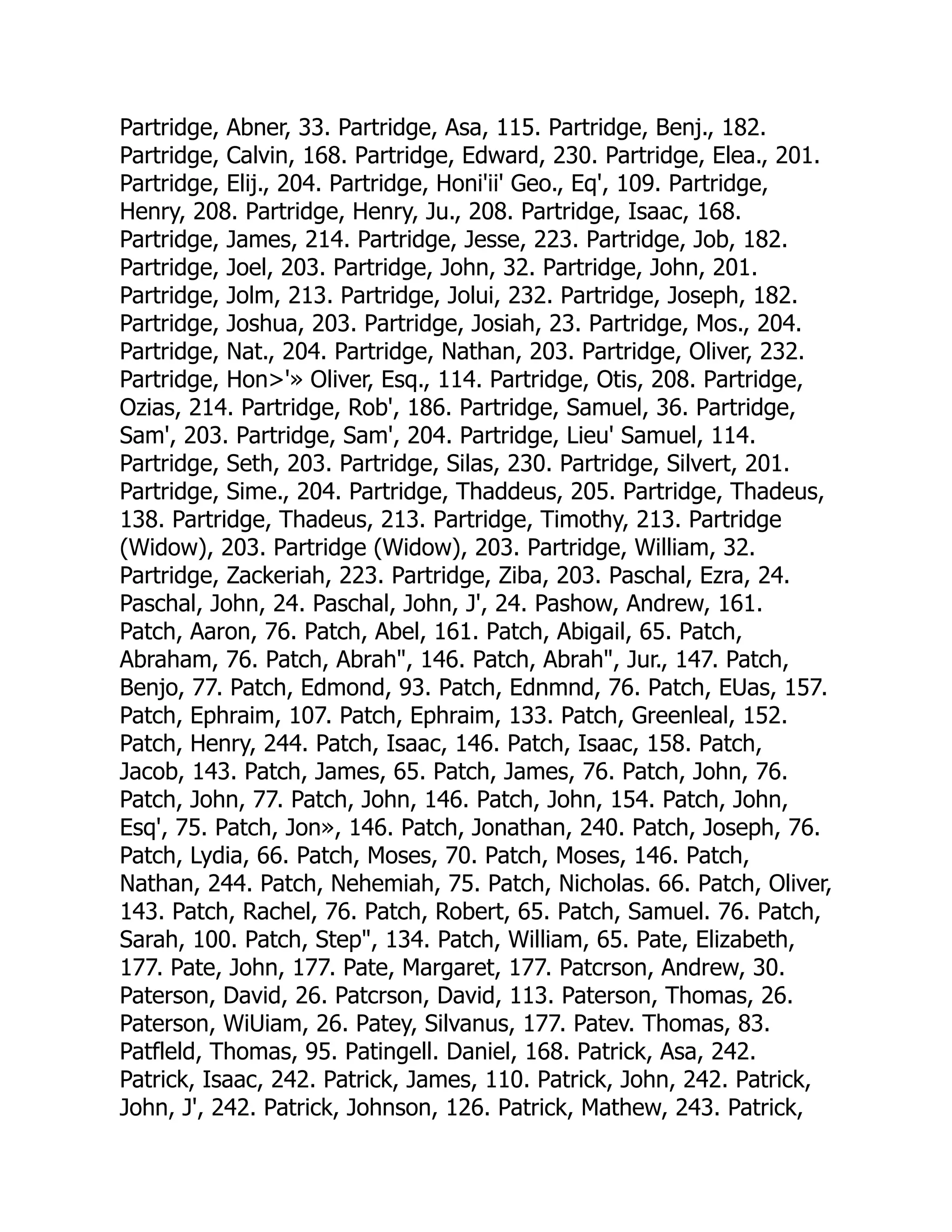 Partridge, Abner, 33. Partridge, Asa, 115. Partridge, Benj., 182.
Partridge, Calvin, 168. Partridge, Edward, 230. Partridge, Elea., 201.
Partridge, Elij., 204. Partridge, Honi'ii' Geo., Eq', 109. Partridge,
Henry, 208. Partridge, Henry, Ju., 208. Partridge, Isaac, 168.
Partridge, James, 214. Partridge, Jesse, 223. Partridge, Job, 182.
Partridge, Joel, 203. Partridge, John, 32. Partridge, John, 201.
Partridge, Jolm, 213. Partridge, Jolui, 232. Partridge, Joseph, 182.
Partridge, Joshua, 203. Partridge, Josiah, 23. Partridge, Mos., 204.
Partridge, Nat., 204. Partridge, Nathan, 203. Partridge, Oliver, 232.
Partridge, Hon'» Oliver, Esq., 114. Partridge, Otis, 208. Partridge,
Ozias, 214. Partridge, Rob', 186. Partridge, Samuel, 36. Partridge,
Sam', 203. Partridge, Sam', 204. Partridge, Lieu' Samuel, 114.
Partridge, Seth, 203. Partridge, Silas, 230. Partridge, Silvert, 201.
Partridge, Sime., 204. Partridge, Thaddeus, 205. Partridge, Thadeus,
138. Partridge, Thadeus, 213. Partridge, Timothy, 213. Partridge
(Widow), 203. Partridge (Widow), 203. Partridge, William, 32.
Partridge, Zackeriah, 223. Partridge, Ziba, 203. Paschal, Ezra, 24.
Paschal, John, 24. Paschal, John, J', 24. Pashow, Andrew, 161.
Patch, Aaron, 76. Patch, Abel, 161. Patch, Abigail, 65. Patch,
Abraham, 76. Patch, Abrah, 146. Patch, Abrah, Jur., 147. Patch,
Benjo, 77. Patch, Edmond, 93. Patch, Ednmnd, 76. Patch, EUas, 157.
Patch, Ephraim, 107. Patch, Ephraim, 133. Patch, Greenleal, 152.
Patch, Henry, 244. Patch, Isaac, 146. Patch, Isaac, 158. Patch,
Jacob, 143. Patch, James, 65. Patch, James, 76. Patch, John, 76.
Patch, John, 77. Patch, John, 146. Patch, John, 154. Patch, John,
Esq', 75. Patch, Jon», 146. Patch, Jonathan, 240. Patch, Joseph, 76.
Patch, Lydia, 66. Patch, Moses, 70. Patch, Moses, 146. Patch,
Nathan, 244. Patch, Nehemiah, 75. Patch, Nicholas. 66. Patch, Oliver,
143. Patch, Rachel, 76. Patch, Robert, 65. Patch, Samuel. 76. Patch,
Sarah, 100. Patch, Step, 134. Patch, William, 65. Pate, Elizabeth,
177. Pate, John, 177. Pate, Margaret, 177. Patcrson, Andrew, 30.
Paterson, David, 26. Patcrson, David, 113. Paterson, Thomas, 26.
Paterson, WiUiam, 26. Patey, Silvanus, 177. Patev. Thomas, 83.
Patfleld, Thomas, 95. Patingell. Daniel, 168. Patrick, Asa, 242.
Patrick, Isaac, 242. Patrick, James, 110. Patrick, John, 242. Patrick,
John, J', 242. Patrick, Johnson, 126. Patrick, Mathew, 243. Patrick,
 