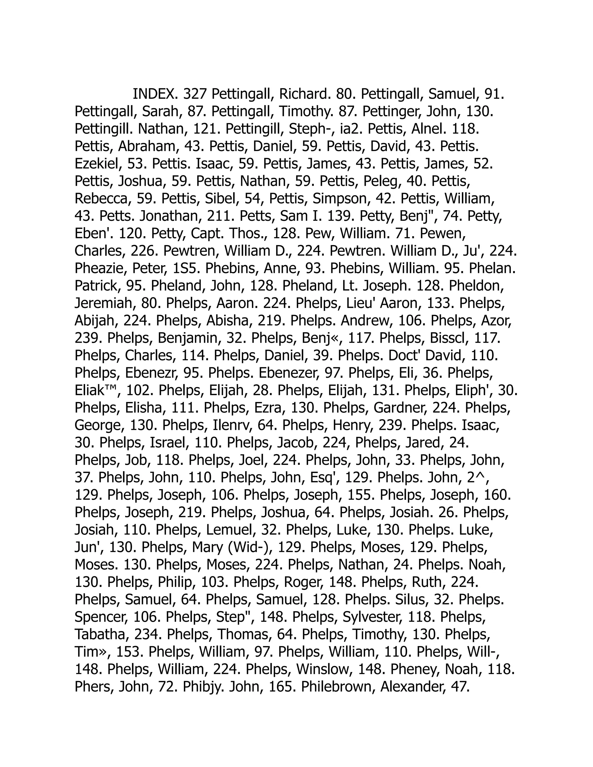 INDEX. 327 Pettingall, Richard. 80. Pettingall, Samuel, 91.
Pettingall, Sarah, 87. Pettingall, Timothy. 87. Pettinger, John, 130.
Pettingill. Nathan, 121. Pettingill, Steph-, ia2. Pettis, Alnel. 118.
Pettis, Abraham, 43. Pettis, Daniel, 59. Pettis, David, 43. Pettis.
Ezekiel, 53. Pettis. Isaac, 59. Pettis, James, 43. Pettis, James, 52.
Pettis, Joshua, 59. Pettis, Nathan, 59. Pettis, Peleg, 40. Pettis,
Rebecca, 59. Pettis, Sibel, 54, Pettis, Simpson, 42. Pettis, William,
43. Petts. Jonathan, 211. Petts, Sam I. 139. Petty, Benj, 74. Petty,
Eben'. 120. Petty, Capt. Thos., 128. Pew, William. 71. Pewen,
Charles, 226. Pewtren, William D., 224. Pewtren. William D., Ju', 224.
Pheazie, Peter, 1S5. Phebins, Anne, 93. Phebins, William. 95. Phelan.
Patrick, 95. Pheland, John, 128. Pheland, Lt. Joseph. 128. Pheldon,
Jeremiah, 80. Phelps, Aaron. 224. Phelps, Lieu' Aaron, 133. Phelps,
Abijah, 224. Phelps, Abisha, 219. Phelps. Andrew, 106. Phelps, Azor,
239. Phelps, Benjamin, 32. Phelps, Benj«, 117. Phelps, Bisscl, 117.
Phelps, Charles, 114. Phelps, Daniel, 39. Phelps. Doct' David, 110.
Phelps, Ebenezr, 95. Phelps. Ebenezer, 97. Phelps, Eli, 36. Phelps,
Eliak™, 102. Phelps, Elijah, 28. Phelps, Elijah, 131. Phelps, Eliph', 30.
Phelps, Elisha, 111. Phelps, Ezra, 130. Phelps, Gardner, 224. Phelps,
George, 130. Phelps, Ilenrv, 64. Phelps, Henry, 239. Phelps. Isaac,
30. Phelps, Israel, 110. Phelps, Jacob, 224, Phelps, Jared, 24.
Phelps, Job, 118. Phelps, Joel, 224. Phelps, John, 33. Phelps, John,
37. Phelps, John, 110. Phelps, John, Esq', 129. Phelps. John, 2^,
129. Phelps, Joseph, 106. Phelps, Joseph, 155. Phelps, Joseph, 160.
Phelps, Joseph, 219. Phelps, Joshua, 64. Phelps, Josiah. 26. Phelps,
Josiah, 110. Phelps, Lemuel, 32. Phelps, Luke, 130. Phelps. Luke,
Jun', 130. Phelps, Mary (Wid-), 129. Phelps, Moses, 129. Phelps,
Moses. 130. Phelps, Moses, 224. Phelps, Nathan, 24. Phelps. Noah,
130. Phelps, Philip, 103. Phelps, Roger, 148. Phelps, Ruth, 224.
Phelps, Samuel, 64. Phelps, Samuel, 128. Phelps. Silus, 32. Phelps.
Spencer, 106. Phelps, Step, 148. Phelps, Sylvester, 118. Phelps,
Tabatha, 234. Phelps, Thomas, 64. Phelps, Timothy, 130. Phelps,
Tim», 153. Phelps, William, 97. Phelps, William, 110. Phelps, Will-,
148. Phelps, William, 224. Phelps, Winslow, 148. Pheney, Noah, 118.
Phers, John, 72. Phibjy. John, 165. Philebrown, Alexander, 47.
 