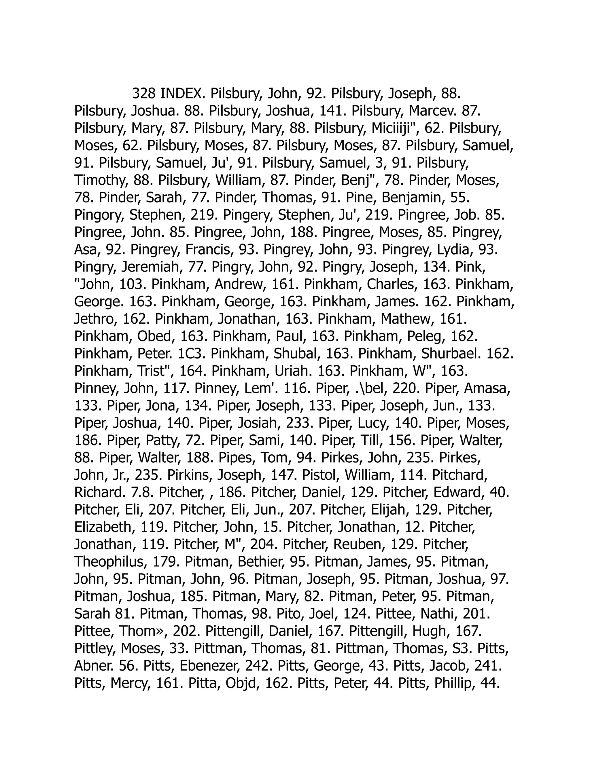 328 INDEX. Pilsbury, John, 92. Pilsbury, Joseph, 88.
Pilsbury, Joshua. 88. Pilsbury, Joshua, 141. Pilsbury, Marcev. 87.
Pilsbury, Mary, 87. Pilsbury, Mary, 88. Pilsbury, Miciiiji, 62. Pilsbury,
Moses, 62. Pilsbury, Moses, 87. Pilsbury, Moses, 87. Pilsbury, Samuel,
91. Pilsbury, Samuel, Ju', 91. Pilsbury, Samuel, 3, 91. Pilsbury,
Timothy, 88. Pilsbury, William, 87. Pinder, Benj, 78. Pinder, Moses,
78. Pinder, Sarah, 77. Pinder, Thomas, 91. Pine, Benjamin, 55.
Pingory, Stephen, 219. Pingery, Stephen, Ju', 219. Pingree, Job. 85.
Pingree, John. 85. Pingree, John, 188. Pingree, Moses, 85. Pingrey,
Asa, 92. Pingrey, Francis, 93. Pingrey, John, 93. Pingrey, Lydia, 93.
Pingry, Jeremiah, 77. Pingry, John, 92. Pingry, Joseph, 134. Pink,
John, 103. Pinkham, Andrew, 161. Pinkham, Charles, 163. Pinkham,
George. 163. Pinkham, George, 163. Pinkham, James. 162. Pinkham,
Jethro, 162. Pinkham, Jonathan, 163. Pinkham, Mathew, 161.
Pinkham, Obed, 163. Pinkham, Paul, 163. Pinkham, Peleg, 162.
Pinkham, Peter. 1C3. Pinkham, Shubal, 163. Pinkham, Shurbael. 162.
Pinkham, Trist, 164. Pinkham, Uriah. 163. Pinkham, W, 163.
Pinney, John, 117. Pinney, Lem'. 116. Piper, .bel, 220. Piper, Amasa,
133. Piper, Jona, 134. Piper, Joseph, 133. Piper, Joseph, Jun., 133.
Piper, Joshua, 140. Piper, Josiah, 233. Piper, Lucy, 140. Piper, Moses,
186. Piper, Patty, 72. Piper, Sami, 140. Piper, Till, 156. Piper, Walter,
88. Piper, Walter, 188. Pipes, Tom, 94. Pirkes, John, 235. Pirkes,
John, Jr., 235. Pirkins, Joseph, 147. Pistol, William, 114. Pitchard,
Richard. 7.8. Pitcher, , 186. Pitcher, Daniel, 129. Pitcher, Edward, 40.
Pitcher, Eli, 207. Pitcher, Eli, Jun., 207. Pitcher, Elijah, 129. Pitcher,
Elizabeth, 119. Pitcher, John, 15. Pitcher, Jonathan, 12. Pitcher,
Jonathan, 119. Pitcher, M, 204. Pitcher, Reuben, 129. Pitcher,
Theophilus, 179. Pitman, Bethier, 95. Pitman, James, 95. Pitman,
John, 95. Pitman, John, 96. Pitman, Joseph, 95. Pitman, Joshua, 97.
Pitman, Joshua, 185. Pitman, Mary, 82. Pitman, Peter, 95. Pitman,
Sarah 81. Pitman, Thomas, 98. Pito, Joel, 124. Pittee, Nathi, 201.
Pittee, Thom», 202. Pittengill, Daniel, 167. Pittengill, Hugh, 167.
Pittley, Moses, 33. Pittman, Thomas, 81. Pittman, Thomas, S3. Pitts,
Abner. 56. Pitts, Ebenezer, 242. Pitts, George, 43. Pitts, Jacob, 241.
Pitts, Mercy, 161. Pitta, Objd, 162. Pitts, Peter, 44. Pitts, Phillip, 44.
 