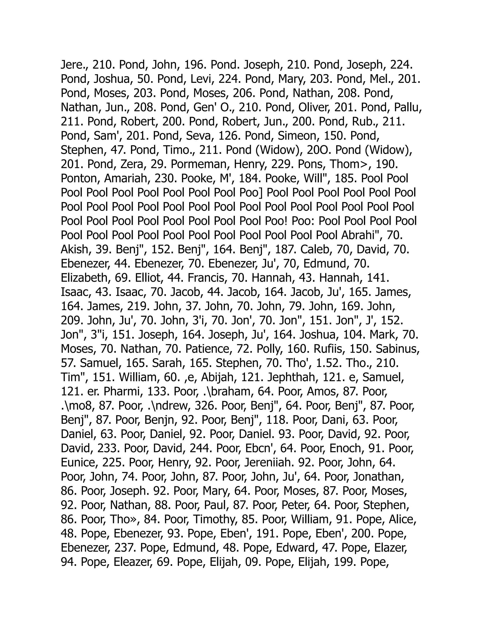 Jere., 210. Pond, John, 196. Pond. Joseph, 210. Pond, Joseph, 224.
Pond, Joshua, 50. Pond, Levi, 224. Pond, Mary, 203. Pond, Mel., 201.
Pond, Moses, 203. Pond, Moses, 206. Pond, Nathan, 208. Pond,
Nathan, Jun., 208. Pond, Gen' O., 210. Pond, Oliver, 201. Pond, Pallu,
211. Pond, Robert, 200. Pond, Robert, Jun., 200. Pond, Rub., 211.
Pond, Sam', 201. Pond, Seva, 126. Pond, Simeon, 150. Pond,
Stephen, 47. Pond, Timo., 211. Pond (Widow), 20O. Pond (Widow),
201. Pond, Zera, 29. Pormeman, Henry, 229. Pons, Thom, 190.
Ponton, Amariah, 230. Pooke, M', 184. Pooke, Will, 185. Pool Pool
Pool Pool Pool Pool Pool Pool Pool Poo] Pool Pool Pool Pool Pool Pool
Pool Pool Pool Pool Pool Pool Pool Pool Pool Pool Pool Pool Pool Pool
Pool Pool Pool Pool Pool Pool Pool Pool Poo! Poo: Pool Pool Pool Pool
Pool Pool Pool Pool Pool Pool Pool Pool Pool Pool Pool Abrahi, 70.
Akish, 39. Benj, 152. Benj, 164. Benj, 187. Caleb, 70, David, 70.
Ebenezer, 44. Ebenezer, 70. Ebenezer, Ju', 70, Edmund, 70.
Elizabeth, 69. Elliot, 44. Francis, 70. Hannah, 43. Hannah, 141.
Isaac, 43. Isaac, 70. Jacob, 44. Jacob, 164. Jacob, Ju', 165. James,
164. James, 219. John, 37. John, 70. John, 79. John, 169. John,
209. John, Ju', 70. John, 3'i, 70. Jon', 70. Jon, 151. Jon, J', 152.
Jon, 3i, 151. Joseph, 164. Joseph, Ju', 164. Joshua, 104. Mark, 70.
Moses, 70. Nathan, 70. Patience, 72. Polly, 160. Rufiis, 150. Sabinus,
57. Samuel, 165. Sarah, 165. Stephen, 70. Tho', 1.52. Tho., 210.
Tim, 151. William, 60. ,e, Abijah, 121. Jephthah, 121. e, Samuel,
121. er. Pharmi, 133. Poor, .braham, 64. Poor, Amos, 87. Poor,
.mo8, 87. Poor, .ndrew, 326. Poor, Benj, 64. Poor, Benj, 87. Poor,
Benj, 87. Poor, Benjn, 92. Poor, Benj, 118. Poor, Dani, 63. Poor,
Daniel, 63. Poor, Daniel, 92. Poor, Daniel. 93. Poor, David, 92. Poor,
David, 233. Poor, David, 244. Poor, Ebcn', 64. Poor, Enoch, 91. Poor,
Eunice, 225. Poor, Henry, 92. Poor, Jereniiah. 92. Poor, John, 64.
Poor, John, 74. Poor, John, 87. Poor, John, Ju', 64. Poor, Jonathan,
86. Poor, Joseph. 92. Poor, Mary, 64. Poor, Moses, 87. Poor, Moses,
92. Poor, Nathan, 88. Poor, Paul, 87. Poor, Peter, 64. Poor, Stephen,
86. Poor, Tho», 84. Poor, Timothy, 85. Poor, William, 91. Pope, Alice,
48. Pope, Ebenezer, 93. Pope, Eben', 191. Pope, Eben', 200. Pope,
Ebenezer, 237. Pope, Edmund, 48. Pope, Edward, 47. Pope, Elazer,
94. Pope, Eleazer, 69. Pope, Elijah, 09. Pope, Elijah, 199. Pope,
 