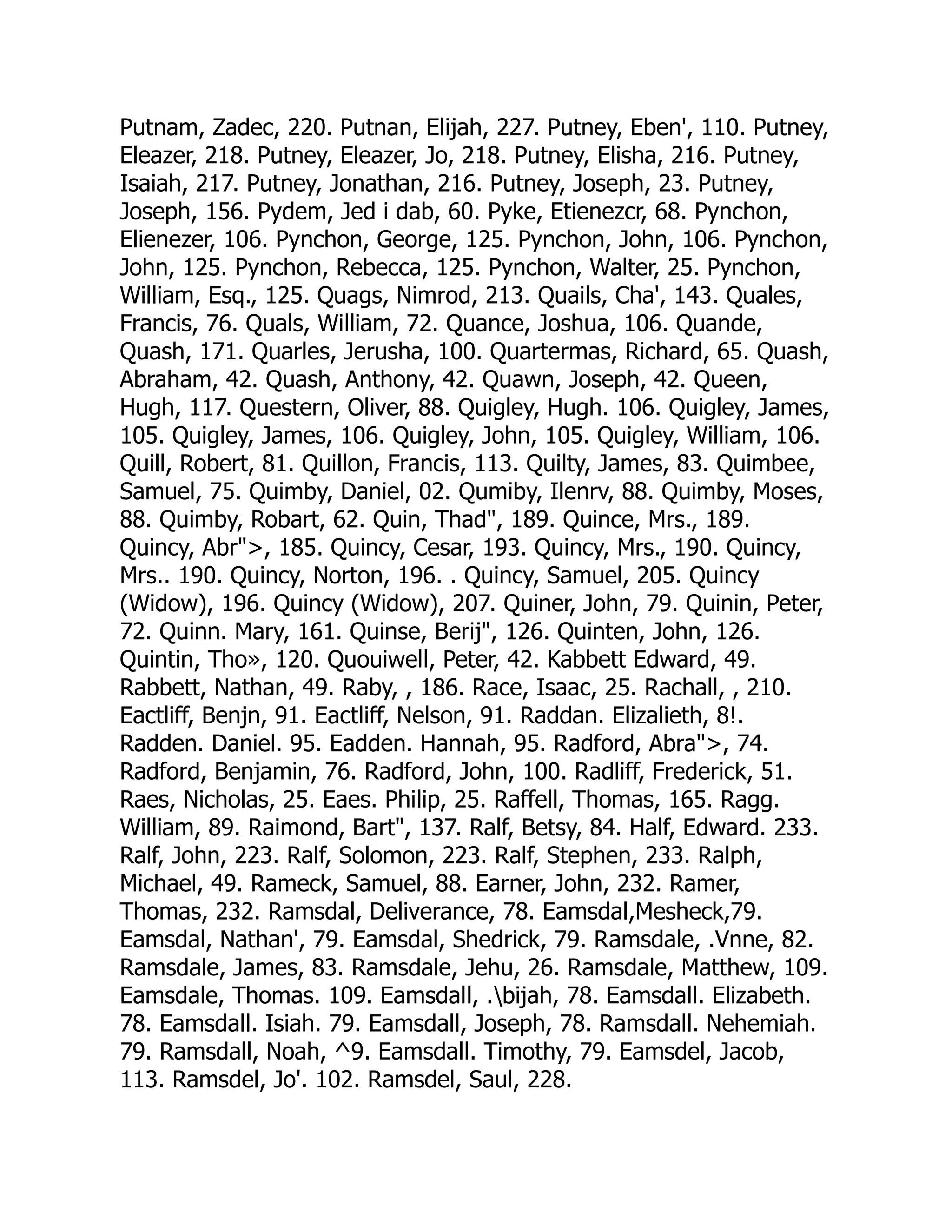 Putnam, Zadec, 220. Putnan, Elijah, 227. Putney, Eben', 110. Putney,
Eleazer, 218. Putney, Eleazer, Jo, 218. Putney, Elisha, 216. Putney,
Isaiah, 217. Putney, Jonathan, 216. Putney, Joseph, 23. Putney,
Joseph, 156. Pydem, Jed i dab, 60. Pyke, Etienezcr, 68. Pynchon,
Elienezer, 106. Pynchon, George, 125. Pynchon, John, 106. Pynchon,
John, 125. Pynchon, Rebecca, 125. Pynchon, Walter, 25. Pynchon,
William, Esq., 125. Quags, Nimrod, 213. Quails, Cha', 143. Quales,
Francis, 76. Quals, William, 72. Quance, Joshua, 106. Quande,
Quash, 171. Quarles, Jerusha, 100. Quartermas, Richard, 65. Quash,
Abraham, 42. Quash, Anthony, 42. Quawn, Joseph, 42. Queen,
Hugh, 117. Questern, Oliver, 88. Quigley, Hugh. 106. Quigley, James,
105. Quigley, James, 106. Quigley, John, 105. Quigley, William, 106.
Quill, Robert, 81. Quillon, Francis, 113. Quilty, James, 83. Quimbee,
Samuel, 75. Quimby, Daniel, 02. Qumiby, Ilenrv, 88. Quimby, Moses,
88. Quimby, Robart, 62. Quin, Thad, 189. Quince, Mrs., 189.
Quincy, Abr, 185. Quincy, Cesar, 193. Quincy, Mrs., 190. Quincy,
Mrs.. 190. Quincy, Norton, 196. . Quincy, Samuel, 205. Quincy
(Widow), 196. Quincy (Widow), 207. Quiner, John, 79. Quinin, Peter,
72. Quinn. Mary, 161. Quinse, Berij, 126. Quinten, John, 126.
Quintin, Tho», 120. Quouiwell, Peter, 42. Kabbett Edward, 49.
Rabbett, Nathan, 49. Raby, , 186. Race, Isaac, 25. Rachall, , 210.
Eactliff, Benjn, 91. Eactliff, Nelson, 91. Raddan. Elizalieth, 8!.
Radden. Daniel. 95. Eadden. Hannah, 95. Radford, Abra, 74.
Radford, Benjamin, 76. Radford, John, 100. Radliff, Frederick, 51.
Raes, Nicholas, 25. Eaes. Philip, 25. Raffell, Thomas, 165. Ragg.
William, 89. Raimond, Bart, 137. Ralf, Betsy, 84. Half, Edward. 233.
Ralf, John, 223. Ralf, Solomon, 223. Ralf, Stephen, 233. Ralph,
Michael, 49. Rameck, Samuel, 88. Earner, John, 232. Ramer,
Thomas, 232. Ramsdal, Deliverance, 78. Eamsdal,Mesheck,79.
Eamsdal, Nathan', 79. Eamsdal, Shedrick, 79. Ramsdale, .Vnne, 82.
Ramsdale, James, 83. Ramsdale, Jehu, 26. Ramsdale, Matthew, 109.
Eamsdale, Thomas. 109. Eamsdall, .bijah, 78. Eamsdall. Elizabeth.
78. Eamsdall. Isiah. 79. Eamsdall, Joseph, 78. Ramsdall. Nehemiah.
79. Ramsdall, Noah, ^9. Eamsdall. Timothy, 79. Eamsdel, Jacob,
113. Ramsdel, Jo'. 102. Ramsdel, Saul, 228.
 