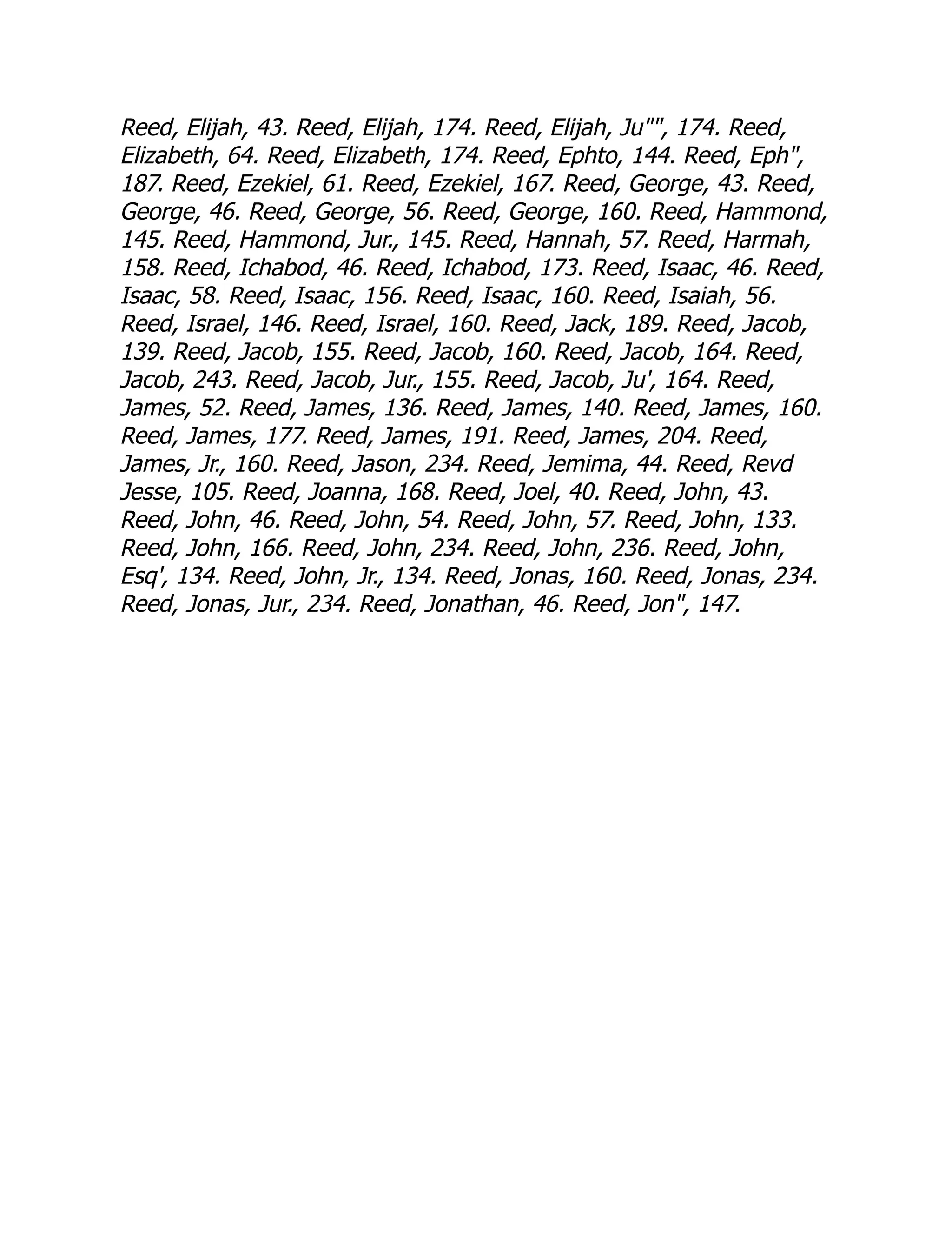 Reed, Elijah, 43. Reed, Elijah, 174. Reed, Elijah, Ju, 174. Reed,
Elizabeth, 64. Reed, Elizabeth, 174. Reed, Ephto, 144. Reed, Eph,
187. Reed, Ezekiel, 61. Reed, Ezekiel, 167. Reed, George, 43. Reed,
George, 46. Reed, George, 56. Reed, George, 160. Reed, Hammond,
145. Reed, Hammond, Jur., 145. Reed, Hannah, 57. Reed, Harmah,
158. Reed, Ichabod, 46. Reed, Ichabod, 173. Reed, Isaac, 46. Reed,
Isaac, 58. Reed, Isaac, 156. Reed, Isaac, 160. Reed, Isaiah, 56.
Reed, Israel, 146. Reed, Israel, 160. Reed, Jack, 189. Reed, Jacob,
139. Reed, Jacob, 155. Reed, Jacob, 160. Reed, Jacob, 164. Reed,
Jacob, 243. Reed, Jacob, Jur., 155. Reed, Jacob, Ju', 164. Reed,
James, 52. Reed, James, 136. Reed, James, 140. Reed, James, 160.
Reed, James, 177. Reed, James, 191. Reed, James, 204. Reed,
James, Jr., 160. Reed, Jason, 234. Reed, Jemima, 44. Reed, Revd
Jesse, 105. Reed, Joanna, 168. Reed, Joel, 40. Reed, John, 43.
Reed, John, 46. Reed, John, 54. Reed, John, 57. Reed, John, 133.
Reed, John, 166. Reed, John, 234. Reed, John, 236. Reed, John,
Esq', 134. Reed, John, Jr., 134. Reed, Jonas, 160. Reed, Jonas, 234.
Reed, Jonas, Jur., 234. Reed, Jonathan, 46. Reed, Jon, 147.
 