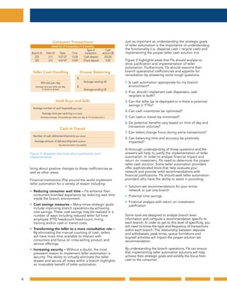bring about positive changes to those inefficiencies as
well as other areas.
Financial Institutions (FIs) around the world implement
teller automation for a variety of reason including:
• Reducing consumer wait time – FIs enhance their
consumers branded experience by reducing wait time
inside the branch environment.
• Cost savings measures – Many times strategic goals
include improving branch operations by achieving
cost savings. These cost savings may be realized in a
number of ways including reduced teller full time
employee (FTE) headcount head-count, hiring,
training and/or cash-in transit costs.
• Transforming the teller to a more consultative role –
By eliminating the manual counting of cash, tellers
will have more time available to interact with
consumers and focus on cross-selling product and
service offerings.
• Increasing security – Without a doubt, the most
prevalent reason to implement teller automation is
security. The ability to virtually eliminate the teller
drawer and secure all notes within a branch highlights
an invaluable benefit of teller automation.
Just as important as understanding the strategic goals
of teller automation is the importance of understanding
the functionality (i.e. dispense cash / recycle cash) and
implementing the proper teller cash solution mix.
Figure 3 highlights areas that FIs should analyze to
drive justification and implementation of teller
automation. Furthermore, FIs should examine their
branch operational inefficiencies and appetite for
remediation by answering some tough questions.
1. Is cash automation appropriate for my branch
environment?
2. If so, should I implement cash dispensers, cash
recyclers or both?
3. Can the teller be re-deployed or is there a potential
savings in FTEs?
4. Can cash inventories be optimized?
5. Can cash-in transit be minimized?
6. Do potential benefits vary based on time of day and
transaction volumes?
7. Can tellers change focus during some transactions?
8. Can balancing time and accuracy be positively
impacted?
A thorough understanding of these questions and the
answers will help to justify the implementation of teller
automation. In order to analyze financial impact and
return on investment, FIs need to determine the proper
teller cash solution. Some teller automation providers
offer sophisticated tools that help evaluate your
network and provide solid recommendations with
financial justifications. FIs should seek teller automation
providers who have the ability to assist in providing:
• Solution-set recommendations for your entire
network or just one branch
• Potential time savings
• Financial analysis with return on investment
justification
Some tools are designed to analyze branch level
information and compute a recommendation specific to
each branch. In order to get to this level of specificity, you
will need to know the type and frequency of transactions
within each branch. The relationship between deposits
and withdrawals, peak times, queue formations and
buy/sell activities will impact the proper solution set
recommendation.
By understanding the branch operations, FIs can ensure
that implementing teller automation solutions will help
achieve their strategic goals and solidify the focus from
cash to the consumer.
Consumer Transactions
Detail list of transactions (1-2 months)
Type of Cash
Branch ID Teller ID Date Time transaction amount ($)
223 313 4-07-07 13.04 Cash deposit 243.82
223 313 4-07-07 13.09 Check deposit 0.00
Vault Buys and Sells
Average number of vault buys/sells (per day):
Average time per vault buy (minutes):
(Industry average: 3 buy/sells per teller per day at 10 minutes each.)
Cash-In Transit
Number of cash deliveries/shipments (per week):
Average amount of delivery/shipment (dollars):
(by denomination if possible)
Teller Cash Handling
Minutes per day
Average time per teller per day
to balance drawer
Drawer Balancing
$
Average starting till
$
Average ending till
Figure 3: Analytics that help drive justification and implementationFigure 3: Analytics that help drive justification and
implementation
4
 