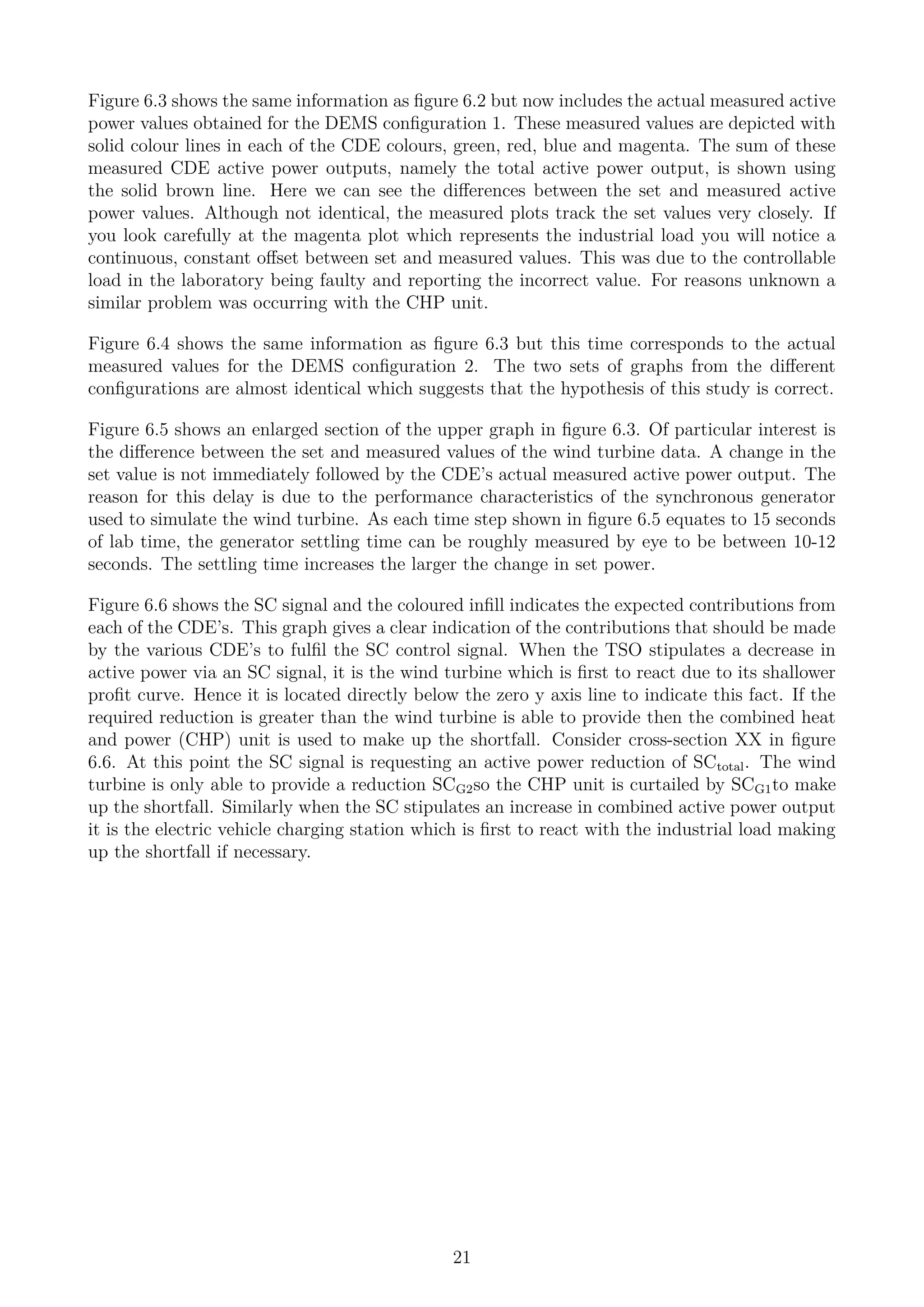 Figure 6.3 shows the same information as ﬁgure 6.2 but now includes the actual measured active
power values obtained for the DEMS conﬁguration 1. These measured values are depicted with
solid colour lines in each of the CDE colours, green, red, blue and magenta. The sum of these
measured CDE active power outputs, namely the total active power output, is shown using
the solid brown line. Here we can see the diﬀerences between the set and measured active
power values. Although not identical, the measured plots track the set values very closely. If
you look carefully at the magenta plot which represents the industrial load you will notice a
continuous, constant oﬀset between set and measured values. This was due to the controllable
load in the laboratory being faulty and reporting the incorrect value. For reasons unknown a
similar problem was occurring with the CHP unit.
Figure 6.4 shows the same information as ﬁgure 6.3 but this time corresponds to the actual
measured values for the DEMS conﬁguration 2. The two sets of graphs from the diﬀerent
conﬁgurations are almost identical which suggests that the hypothesis of this study is correct.
Figure 6.5 shows an enlarged section of the upper graph in ﬁgure 6.3. Of particular interest is
the diﬀerence between the set and measured values of the wind turbine data. A change in the
set value is not immediately followed by the CDE’s actual measured active power output. The
reason for this delay is due to the performance characteristics of the synchronous generator
used to simulate the wind turbine. As each time step shown in ﬁgure 6.5 equates to 15 seconds
of lab time, the generator settling time can be roughly measured by eye to be between 10-12
seconds. The settling time increases the larger the change in set power.
Figure 6.6 shows the SC signal and the coloured inﬁll indicates the expected contributions from
each of the CDE’s. This graph gives a clear indication of the contributions that should be made
by the various CDE’s to fulﬁl the SC control signal. When the TSO stipulates a decrease in
active power via an SC signal, it is the wind turbine which is ﬁrst to react due to its shallower
proﬁt curve. Hence it is located directly below the zero y axis line to indicate this fact. If the
required reduction is greater than the wind turbine is able to provide then the combined heat
and power (CHP) unit is used to make up the shortfall. Consider cross-section XX in ﬁgure
6.6. At this point the SC signal is requesting an active power reduction of SCtotal. The wind
turbine is only able to provide a reduction SCG2so the CHP unit is curtailed by SCG1to make
up the shortfall. Similarly when the SC stipulates an increase in combined active power output
it is the electric vehicle charging station which is ﬁrst to react with the industrial load making
up the shortfall if necessary.
21
 