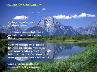 1.6.- MISIÓN COMPARTIDA No hay espacio para caminar solos. No somos competidores o jornaleros de haciendas diferentes. Nuestro campo es el Reino de Dios, la Iglesia, y hemos sido convocados por el Señor a una misión común pero que pertenece a todos. Todos nos necesitamos como el árbol y el agua. 