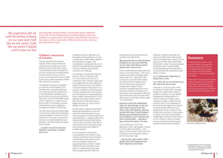 18 19CYP Report 2016 CYP Report 2016
Children’s awareness
of isolation
The young people felt that the
majority of the school staff were
unaware which pupils were flood-
affected and this seemed to have
increased their sense of isolation. If
it is the school that is flooded (rather
than homes) the focus is on the
school community and is thus shared
by the group, which provides children
with a shared connection.
This feeling of being ‘in it together’
is shown by schoolchildren from
Cumbria and Lancashire talking to
the media about their experiences
of the devastation wreaked upon
their homes and schools by Storms
Desmond, Eva and Frank (BBC News
2016) . However, in a large school
which itself is not flooded, a sense
of being alone and struggling to
manage schoolwork can build up.
This was described by Andrew aged
15, who told us about the frustration
of being unable to submit his GCSE
options form because of the lack of
access to computing facilities and
internet in the hotel where his family
were housed:
…I couldn’t even fill out the form
because it was online. I couldn’t
print it out.
Establishing who is affected, and
the extent of the problems, is more
complex than traditionally collected
flood statistics suggest. The
complexities of being directly and in-
directly flood-affected are apparent
from the children’s experiences
outlined in our findings.
It is perhaps unsurprising that they
report a sense of isolation, with
no-one to talk to who seems to
understand their situation; they have
to manage the long-term effects of
living in temporary accommodation,
losing friendships if they have to re-
locate to a different school because
of home displacement, and coping
with family tensions exacerbated by
flood-related financial worries. Such
feelings echo what children told us
after the 2007 Hull floods, about
feeling they had no-one to turn to
(Walker et al 2010).
In these ways, children can find the
whole flood experience, from the
day of the flood through the long
recovery period, not only isolating but
quite alienating - a feeling made more
marked when they find that friends,
schools and local authorities fail to
notice what they are going through,
and consequently are unable to
provide support.
A recurring theme among the
young people in the Staines-upon-
Thames workshops was the sense
of abandonment during the crisis
by those they felt ought to be
supporting them, as Ruth’s model
(Fig.8) ‘SOS’ demonstrates. Ruth,
aged 14, talked about how many
local people were left to fend for
themselves by the authorities and
she later described how:
My experience left me with the feeling
of being on our own and it felt like
no one cared. It felt like we weren’t
helped until it was too late.
Ruth’s model demonstrated what she
saw as a strong injustice – that some
people were given sandbags while
others were not - leaving her with
a sense of connection with others
who had not been helped during
the flooding. As the workshops
progressed, children in both
locations remarked that one of the
important benefits of taking part in
the project was being able to talk and
share with others who had also been
affected by the flooding. Daniel, aged
14, commented:
Everyone in here like understands
what you went through, so you can
talk to them and you know that
they’re okay with listening, whereas
outside they haven’t been through it.
Because you sometimes feel like, if
you’re talking it, you’re droning a bit
and it’s boring them… whereas in
here we kind of connect a bit more.
This is reflected in the Flood
Manifesto call for ‘get happier’ groups
for flood-affected children. John,
aged 10, from South Ferriby also told
us that the best thing about taking
part in the project was:
…that we were able to talk to other
people about what happened and
that’s helped us to feel better.
However, children need both the
chance to talk to their ‘flood peers’
and to articulate their concerns to the
wider world. After their stakeholder
perfomance event, the young people
at Staines-upon-Thames talked
enthusiastically about being able to
communicate their experiences and
ideas to others:
Ruth: It feels good. It feels like we
finally have a voice.
Sara: Yeah, like we can be heard now;
like, they know how we feel.
However, it is not enough to listen
to children if nothing then changes.
Pledges for action were made by
audience members to the children
following their presentations in
South Ferriby and Staines-upon-
Thames, and later in Telford to the
Flood  Coast 2016 delegates at
the Environment Agency convened
conference (see Outcomes and
Appendices 3  4). In order for the
children who took part in the project
to realise their right to participate,
stakeholders should include and act
on the children’s views and ideas
in future emergency planning and
disaster risk reduction activities.6
Young people, predominently in the Staines group, explained
how in the months following the flood they began to feel very
isolated. In a large school community it was possible not ever to
hear about others, especially in different year groups, who had
been flooded at home.
My experience left me
with the feeling of being
on our own and it felt
like no one cared. It felt
like we weren’t helped
until it was too late
Summary
Feeling isolated, with no-one
around to share the long-term,
ongoing impact of the floods
is an especially difficult issue
for children, as they feel their
experience is not acknowledged
or noticed.
There was a strong sense that the
children saw a positive benefit in
being able to get together with
others who were flood-affected
and share experiences and then to
present these to the wider world.
Fig 8: Ruth’s model signals ‘SOS’
6. A separate piece of work is now being
undertaken to follow up on the pledges
made by those stakeholders who have
interacted with this project.
 