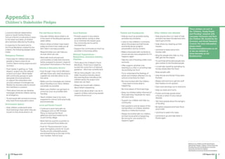 34 35CYP Report 2016 CYP Report 2016
Local and national stakeholders
came to South Ferriby Primary
School in North Lincolnshire to listen
to the views and ideas of children
who had been affected by flooding.
In response to the event and to
the Flood Manifesto created by the
children, the following pledges were
made:
Emergency Planners
• Find a way for children and young
people to have a voice at our
Control Teams during response and
recovery
• Push harder in getting our “Safe
Havens” project into the national
school curriculum. Work harder
with community groups to work
alongside the local authority
to support the restoration and
recovery phases of emergencies
Review my recovery plan to ensure
the manifesto is covered
• Think about how we can develop
messages aimed at children during
an emergency
• Try and work with schools to ensure
they have flood evacuation plans
Environment Agency
• Help children understand what
flood warnings mean when they are
issued so they know what to do
Fire and Rescue Service
• Educate children about what to do
in the event of flooding and general
water safety
• Inform others of what I have heard
today and how it has made you all
feel. Help in any way possible
• Respond when you call, help you
recover when you ask
• Work with local schools and
communities to help them become
better prepared to prevent, respond
and protect themselves in the future
Schools  Education Service
• Even though I may not be affected, I
will help those who need assistance,
supplies etc and rally others to do
the same
• Make sure the messages are shared
about flooding to as many children
and adults as possible
• Make sure children can get back to
school as soon as possible after
flooding
• Teach children how to be more
prepared for a flood, both practically
and emotionally
Local and Parish Council
• Continue to work hard with my
colleagues and our MP, Andrew
Percy, to improve the flood
defences and flood resilience for
South Ferriby village
• Work hard as a parish councillor to
secure improved flood defences
• Push for “flood protection” to be
given the highest priority for South
Ferriby and all vulnerable people
and animals living on the side of the
river Humber, Trent  Ouse
Local Business
• Provide support in any means
possible before, during or after
so to minimise the impact upon
the community and to aid its
reinstatement
• Support the community as much as
possible in improving safety
National Organisations –
Researchers, Insurance Industry,
Charities
• Think about the Children’s Flood
Manifesto. Think how it might be
turned into some form of national
guidance - which we currently lack
• Tell as many people I can, in the
wider insurance industry, about
this evening (how marvellous the
children were), the project and
where we can learn
• Always be honest with children
about what’s happening
• Learn more about what I can do to
support children and young people
should a flood occur
Parents and Grandparents
• Help as much as possible during
and after any incidents
• Listen to the children’s comments
about this project and tell friends
and family about tonight’s
presentation and its content
• Make a flood plan with my family to
ensure we are more prepared for if it
happens again
• Take the risk of flooding a little more
seriously
• Offer support, whether it be
listening to a child, or providing help
via providing hot food
• Try to understand the feelings of
adults and children affected. Do my
utmost to be there for them
• Be more honest with the children
- they need to know what is
happening
• Be more aware of flood warnings
• Keep my children better informed of
flood planning. Hopefully the need
will never arise
• Support our children and help our
community
• Ask questions and be aware of the
mental effect on children whether
directly or indirectly involved
• Always be truthful with my children,
let them know what is happening.
Be strong for one another if it
happens again
Other children who attended
• Help anyone who is in need of help
and who has been flooded and who
hasn’t got a home
• Help others by cleaning up their
houses
• I promise to keep everyone’s
houses safe
• Ring the people who help us, ring
999, get the fire engine
• Try and help all flooded people and
give clothes to the flooded people
• I could help myself by spending my
money wisely after the flood
• Keep people safe
• Help friends and family if they were
flooded
• Always tell mummy to get the stuff
that matters to me upstairs
• Give more warnings out to everyone
• Help our dads and mums
• Protect and help people when
it floods or when it’s any natural
disaster
• Tell more people about the dangers
of flooding
• Be better prepared and have flood
proof toilet
• I promise to watch the news
• I promise to go and help when it
floods again
Appendix 3
Children’s Stakeholder Pledges
Reference as: Children and Flooding Project:
Stakeholder Pledges, Children, Young People and
Flooding: Recovery and Resilience, Lancaster
University and Save the Children
http://wp.lancs.ac.uk/cyp-floodrecovery/outputs
These pledges are part of
the ‘Children, Young People
and Flooding’ research with
Lancaster University and Save
the Children UK, funded by the
Economic and Social Research
Council. For more information
please email:
floodrecovery@lancaster.ac.uk
or see our website at
www.lancaster.ac.uk/
floodrecovery
 