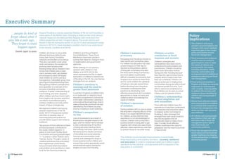4 5CYP Report 2016 CYP Report 2016
Children are known to be acutely
affected during and after floods,
losing their homes, friendship
networks and familiar surroundings.
They also see adults under great
strain and witness the exceptional
and long-term tensions that
flooding brings about. Research also
shows that children play a major
role in recovery work, yet disaster
and emergency plans still largely
view children as victims and as a
homogenous ‘vulnerable’ group, thus
ignoring and disenfranchising them.
Recognising children’s perspectives
and capacities is a vital part of the
process of building community
resilience. A better understanding of
how flooding, and other disasters,
affect children and thus how to build
their insights into recovery practices
can inform more effective policy,
enhance resilience and reduce the
impact of future emergencies.
We explored children’s and young
people’s experiences of the UK
winter 2013/14 floods and worked
with them to develop ways of
improving policy and practice to
provide better support and enhance
resilience.
Two groups of flood-affected children
and young people contributed to
this study: children (aged 6-12
years) in rural South Ferriby, North
Lincolnshire and young people (aged
11-15 years) in urban Staines-upon-
Thames, Surrey. Through a series of
creative workshops they articulated
their experiences of the floods,
and put forward what they believe
policymakers and practitioners need
to do for the future by producing
Children’s and Young People’s
Flood Manifestos. These Flood
Manifestos have been pivotal in
putting their ideas for change in front
of stakeholders and government
agencies.
Whilst drawing on our previous
research with children in Hull
(Walker et al 2010; 2012), this
report represents the first in-depth
exploration of children’s experiences
of flooding in the UK. Six core themes
emerged from our analysis:
Children’s reactions to
warnings and the need for
greater flood awareness
Currently in England and Wales there
is no systematic or statutory flood
education programme in schools (or
in the wider community). Learning in
school about flood warnings, how to
make a flood plan and flood risk was
identified by the children as a key
priority in helping to build resilience.
Children’s perspectives
on loss
Loss of possessions as a result of
flooding has a tangible impact on all
ages, and the children demonstrated
a clear understanding of the effect
of losing personal ‘precious’ items
that embody memories. Other losses
felt keenly by the children are those
of friendship and social networks.
Schools and communities could
usefully acknowledge the range of
losses experienced by children and
ensure they receive appropriate social
and emotional support during the
lengthy recovery from flooding.
Children’s experiences
of recovery
Recovering from flooding is known to
take months and sometimes years.
For children this disruption has often
unseen impacts on their day-to-
day lives as they endure a period
of living with uncertainty long after
the flood event. Being in temporary
accommodation is particularly
difficult, a situation worsened by lack
of space, poor access to fresh food
and for some children the upheaval
of having to relocate several times
before returning home. Insurance
companies could improve their
practices by developing more
effective assessment and consistent
approaches to repair, recovery and
resilience which acknowledge the
needs of children.
Children’s awareness
of isolation
Feeling isolated, with no-one to share
the long-term, ongoing effects of the
floods is an especially difficult issue
for children, as they feel that their
experience is not acknowledged or
noticed. Children told us they felt a
positive benefit in being able to get
together with others who were flood-
affected, share experiences and then
to present these to the wider world.
Children as active
contributors in flood
response and recovery
Children’s strengths and
vulnerabilities have been poorly
understood by policymakers and
practitioners. Children should be
given more information before,
during and after flooding because
they have the right to know how to
prepare, what to expect and how
they can contribute. Children can
play an active part in helping their
communities during and after a flood
and derive benefit from this. Such
efforts need to be understood so
that children can be seen as active
citizens and not passive victims.
Children’s understanding
of flood adaptation and
new normalities
Flood-affected children have the
experience to help them understand
the measures that should be taken
to prepare, protect and adapt to
flooding. A clear message that
emerged from both study locations
was the recognition that all
households need to make a flood
plan. Crucially, flood-affected
children understand the need for
adaptation and the need to promote
a ‘new normal’.
…people do kind of
forget about what it
was like a year ago…
They forget it could
happen again.
Daniel, aged 14 years
Severe flooding is now an expected feature of life for communities in
many parts of the British Isles. Flooding is listed as the most serious
‘natural’ hazard on the National Risk Register with more than five
million properties at risk in England alone. The acute storms and
floods in the UK during the winter of 2013/14, and subsequent winter
storms in 2015/16, have revealed a problem that is now understood
to be chronic (Jenkins et al 2016).
The children recommended improvements in essentially
three flood policy and practice domains - recovery, resilience
and education. In order to implement what are in effect urgent
demands by the children, a fundamental shift is required in the
way policy is conceived.
Policy
Implications
1. The children’s and young
people’s recommendations for
change in this report highlight
important gaps in the current
policy and practice around
flood risk management.
2. Flood recovery and resilience
must be seen as central to
government in order to meet
the needs of children and
young people: this means
involving education, health,
housing, communities and
local government in addition to
emergency planning and flood
risk management.
3. Flood policy and practice in
England and Wales as currently
organised, is confusing and
over complex, reducing ability
to address the recovery and
resilience issues identified by
children and young people in
this project.
4. Where flood-affected children
and young people are enabled
to contribute their experience
to flood risk management, this
enhances their own recovery
and resilience.
5. All children and young people
are citizens in their own right
and have a role in flood risk
management and a right to
help build family and
community resilience.
6. Flood risk management will be
more robust and demonstrate
greater legitimacy by drawing
on the perspectives of children
and young people.
Executive Summary
 