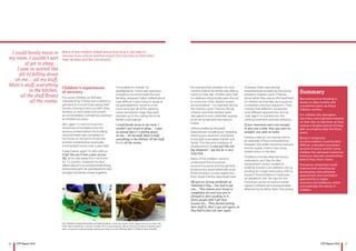 16 17CYP Report 2016 CYP Report 2016
Children’s experiences
of recovery
For some children, as Richard
indicated (Fig.7) there was a desire to
get back to normal. Evacuating their
homes, moving in and out with other
families, or into hotels and rented
accommodation, sometimes seemed
an endless process.
Ben, aged 12, had to move into
rented accommodation but the
tenancy ended before the building
refurbishment was complete on
his home, so he had to move into
another rental before eventually
moving back home over a year later.
It was Daniel, aged 14, who told us:
It felt like you’d lost a year of your
life, as he was away from his home
for 12 months. However, he also
talked about how unexpectedly living
temporarily with his grandparents had
brought the family closer together.
Fortunately for Daniel, his
grandparents’ home was spacious
enough to accommodate the two
families, whereas Callum talked about
how difficult it was trying to sleep at
his grandparents’ home in a tiny
room amongst all of the packing
cases and plastic bags that were
stacked up to the ceiling full of his
family’s belongings:
I could barely move in my room. I
couldn’t sort of get to sleep… I was
so scared like (of it) falling down
on me… all my stuff, Mum’s stuff,
everything in the kitchen, all the stuff
(from) all the rooms.
He endured this situation for nine
months before his family was able to
return to their flat. Children who had
no relatives living locally were forced
to move into often distant rented
acoomodation – for example during
the Staines-upon-Thames floods
children and their families were
relocated to such unfamiliar spaces
as an army barracks and airport
hotels.
Others (indirectly flooded)
experienced ‘doubling up’, meaning
sharing your bedroom and family
home with evacuated friends and
family. This became a feature of
displacement: it was just like one
big sleepover – yes but for a very
long time.
Many of the children came to
understand the processes
around insurance and the general
bureaucracy associated with post-
flood recovery. Louisa, aged nine,
from South Ferriby described how:
We got our drying certificate on
Valentine’s Day…You had to get
one… That means your house is
completely dry and now you’re
allowed to start working in it…
Some people didn’t get their
houses dry... They started putting
their stuff in, then it got wet again, so
they had to start all over again.
However, there was dismay
expressed particularly by the young
people in Staines-upon-Thames
about what they saw as the treatment
of children and families by insurance
companies and loss adjustors. They
noticed that different companies
took different approaches, and as
Jodi, aged 14, pointed out, this
varying treatment seemed arbitrary:
If your insurance were nice enough
to give you a skip, then you were so
grateful, you were so lucky.
Having a skip (or not having one) is
an example of how contradictions
between the wider insurance industry
and its supply chains may cause
added stress to families.
Problems include disposal versus
restoration, and ‘like-for-like’
replacement versus resilience
building. Insurers can address this by
working for a high level policy shift to
support flood resilience measures,
as detailed in the ‘Ten tips for the
insurance sector on how to better
support children and young people
affected by flooding’ (see Outcomes).
Many of the children talked about how long it can take to
recover from a flood and the impact this has had on their lives,
their families and the community.
I could barely move in
my room. I couldn’t sort
of get to sleep…
I was so scared like
(of it) falling down
on me… all my stuff,
Mum’s stuff, everything
in the kitchen,
all the stuff (from)
all the rooms.
Summary
Recovering from flooding is
known to take months and
sometimes years, as these
children confirm.
For children this disruption
has many unrecognised impacts
on their day-to-day lives, as they
endure a lengthy period of living
with uncertainty after the flood
event.
Being in temporary
accommodation is particularly
difficult, a situation worsened
by lack of space, and for some
children the upheaval caused by
having to relocate several times
before they return home.
Insurance companies could
improve their practices by
developing more effective
assessment and consistent
approaches to repair,
recovery and resilience, which
acknowledge the needs of
children.
Fig 7: Models showing life before and after flooding: I made the people, so the happy ones are for before the
flood, where everything’s working normally, then it’s sad people for after as they have to repair everything and it
takes a long time to get everything working and back to normal. Richard, aged 14, Staines-upon-Thames
 