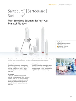 105
VI. Clarification 2. Post Cell Harvest Filtration
Sartopure®
Sartopure®
utilizes unique polypropylene
fleeces or highly adsorptive glass fiber filter
materials to provide the highest particle
removal capacity and superior turbidity
reduction.
Sartoguard
Sartoguard prefilters can significantly
downsize your process and reduce your total
filtration costs. You will benefit from high
performance asymmetric double layer PES
membranes offering optimal protection
of sterile filters and validated bioburden
reduction.
Sartopore®
Sartopore®
2 provides the broadest range
of membrane combinations. Match one
of our Sartopore®
2 filters to your solution
to get the highest possible capacity.
Complete your cell removal process. Any remaining debris is effectively removed by subsequent
filtration steps. Different membrane and fleece filters or combinations are available.
Applications
Filtration post-cell removal:
l Particle removal
l Bioburden reduction
l Sterile filtration
Sartopure®
|Sartoguard|
Sartopore®
Most Economic Solutions for Post-Cell
Removal Filtration
 