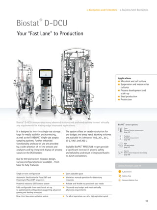 Gassing Strategies: page 44
BioPAT ®
sensor options:
Fundalux
Turbidity measurement
(page 56)
Spectro
Multi-variant bioprocess monitoring
(page 58)
Trace
Glucose|Lactate measurement
(page 54)
Xgas
Off-gas analysis
(page 57)
27
I. Bioreactors and Fermenters 5. Stainless Steel Bioreactors
It is designed to interface single-use storage
bags for media addition and harvesting,
as well as the TAKEONE®
single-use aseptic
sampling systems. Further enhanced
functionality and ease of use are provided
by a wide selection of in-line sensors and
analyzers and by integrated display of process
values on the DCU screen.
Due to the bioreactor’s modular design,
various configurations are available – from
basic to fully featured.
The system offers an excellent solution for
any budget and every need. Working volumes
are available in a choice of 10 L, 20 L, 30 L,
50 L, 100 L and 200 L.
Scalable BioPAT®
MFCS S88 recipes provide
a significant increase in process safety
and reliability and result in improved batch-
to-batch consistency.
Biostat®
D-DCU incorporates many advanced features and preferred options to meet virtually
any requirements for leading-edge bioprocess applications.
Applications
l Microbial and cell culture
l Suspension and microcarrier
cultures
l Process development and
scale-up
l Seed production
l Production
Biostat®
D-DCU
Your “Fast Lane” to Production
Single or twin configuration k Saves valuable space
Automatic Sterilization In Place (SIP) and
Cleaning In Place (CIP) sequences
k Minimizes manual operation for laboratory
resources
Powerful industrial DCU control system k Reliable and flexible to grow with your needs
Fully configurable from basic batch set-up
to sophisticated configurations supporting advanced
gassing and feeding strategies
k Fits nearly any budget and meets virtually
all process requirements
Gear–free, low-noise agitation system k For silent operation even at a high agitation speed
O2 Enrichment
Additive Flow
Advanced Additive Flow
 