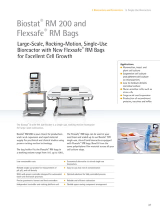 37
I. Bioreactors and Fermenters 6. Single-Use Bioreactors
The Flexsafe®
RM bags can be used in your
seed train and scaled up to our Biostat®
STR
single-use, stirred tank bioreactors equipped
with Flexsafe®
STR bags. Benefit from the
same polyethylene film material across all your
cell culture steps.
Biostat®
RM 200 is your choice for production-
scale seed expansion and rapid material
supply for preclinical and clinical studies using
proven rocking motion technology.
The bag holder fits the Flexsafe®
RM bags in
a working volume range from 10 L up to 100 L.
The Biostat®
B with RM 200 Rocker is a single-use, rocking motion bioreactor
for large-scale cultivation.
Applications
l Mammalian, insect and
plant cell culture
l Suspension cell culture
and adherent cell culture
on microcarriers
l Low to medium density
microbial culture
l Shear-sensitive cells, such as
stem cells
l Large-scale seed expansion
l Production of recombinant
proteins, vaccines and mAbs
Biostat®
RM 200 and
Flexsafe®
RM Bags
Large-Scale, Rocking-Motion, Single-Use
Bioreactor with New Flexsafe®
RM Bags
for Excellent Cell Growth
Low consumable costs k Economical alternative to stirred single-use
bioreactors
Reliable single-use probes for measurement of
pH, pO2 and cell density
k Easy-to-use; low risk of contamination
With well-proven controller designed for automated
batch and fed-batch processes
k Optimal solutions for fully controlled process
Precise gravimetric harvest and feed controllers k Reliable and efficient cultivation
Independent controller and rocking platform unit k Flexible space-saving component arrangement
 
