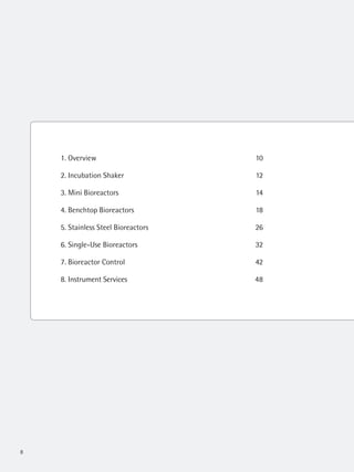8
1. Overview 10
2. Incubation Shaker 12
3. Mini Bioreactors 14
4. Benchtop Bioreactors 18
5. Stainless Steel Bioreactors 26
6. Single-Use Bioreactors 32
7. Bioreactor Control 42
8. Instrument Services 48
 