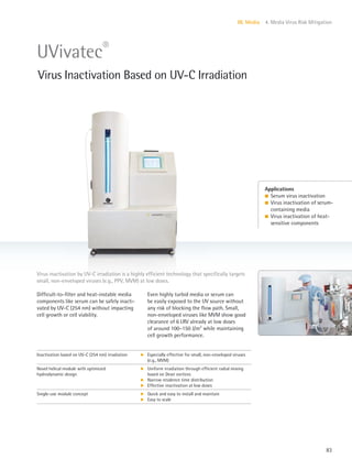 83
III. Media 4. Media Virus Risk Mitigation
Applications
l Serum virus inactivation
l Virus inactivation of serum-
containing media
l Virus inactivation of heat-
sensitive components
Difficult-to-filter and heat-instable media
components like serum can be safely inacti-
vated by UV-C (254 nm) without impacting
cell growth or cell viability.
Even highly turbid media or serum can
be easily exposed to the UV source without
any risk of blocking the flow path. Small,
non-enveloped viruses like MVM show good
clearance of 6 LRV already at low doses
of around 100–150 J/m2
while maintaining
cell growth performance.
Virus inactivation by UV-C irradiation is a highly efficient technology that specifically targets
small, non-enveloped viruses (e.g., PPV, MVM) at low doses.
UVivatec®
Virus Inactivation Based on UV-C Irradiation
Inactivation based on UV-C (254 nm) irradiation k Especially effective for small, non-enveloped viruses
(e.g., MVM)
Novel helical module with optimized
hydrodynamic design
k
k
k
Uniform irradiation through efficient radial mixing
based on Dean vortices
Narrow residence time distribution
Effective inactivation at low doses
Single-use module concept k
k
Quick and easy to install and maintain
Easy to scale
 
