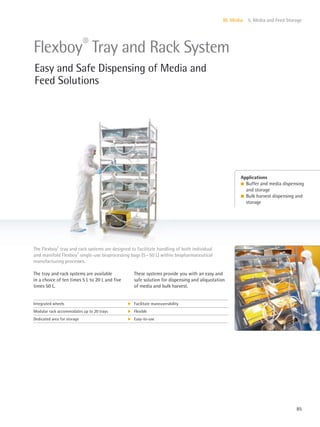 85
III. Media 5. Media and Feed Storage
The tray and rack systems are available
in a choice of ten times 5 L to 20 L and five
times 50 L.
These systems provide you with an easy and
safe solution for dispensing and aliquotation
of media and bulk harvest.
The Flexboy®
tray and rack systems are designed to facilitate handling of both individual
and manifold Flexboy®
single-use bioprocessing bags (5–50 L) within biopharmaceutical
manufacturing processes.
Applications
l Buffer and media dispensing
and storage
l Bulk harvest dispensing and
storage
Flexboy®
Tray and Rack System
Easy and Safe Dispensing of Media and
Feed Solutions
Integrated wheels k Facilitate maneuverability
Modular rack accommodates up to 20 trays k Flexible
Dedicated area for storage k Easy-to-use
 