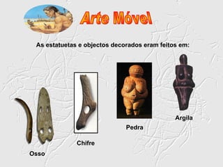 As estatuetas e objectos decorados eram feitos em:




                                              Argila
                              Pedra

              Chifre
Osso
 