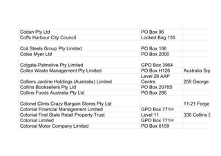 Codan Pty Ltd PO Box 96
Coffs Harbour City Council Locked Bag 155
Coil Steels Group Pty Limited PO Box 166
Coles Myer Ltd PO Box 2000
Colgate-Palmolive Pty Limited GPO Box 3964
Collex Waste Management Pty Limited PO Box H126 Australia Square
Colliers Jardine Holdings (Australia) Limited
Level 26 AAP
Centre 259 George Stree
Collins Booksellers Pty Ltd PO Box 2078S
Collins Foods Australia Pty Ltd PO Box 286
Colonel Clints Crazy Bargain Stores Pty Ltd 11-21 Forge Stree
Colonial Financial Management Limited GPO Box 771H
Colonial First State Retail Property Trust Level 11 330 Collins Street
Colonial Limited GPO Box 771H
Colonial Motor Company Limited PO Box 6159
 