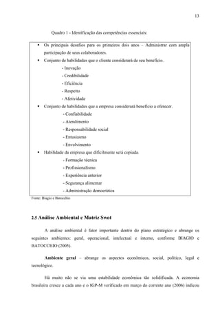 13
Quadro 1 - Identificação das competências essenciais:
Os principais desafios para os primeiros dois anos – Administrar com ampla
participação de seus colaboradores.
Conjunto de habilidades que o cliente considerará de seu benefício.
- Inovação
- Credibilidade
- Eficiência
- Respeito
- Afetividade
Conjunto de habilidades que a empresa considerará benefício a oferecer.
- Confiabilidade
- Atendimento
- Responsabilidade social
- Entusiasmo
- Envolvimento
Habilidade da empresa que dificilmente será copiada.
- Formação técnica
- Profissionalismo
- Experiência anterior
- Segurança alimentar
- Administração democrática
Fonte: Biagio e Batocchio
2.5 Análise Ambiental e Matriz Swot
A análise ambiental é fator importante dentro do plano estratégico e abrange os
seguintes ambientes: geral, operacional, intelectual e interno, conforme BIAGIO e
BATOCCHIO (2005).
Ambiente geral – abrange os aspectos econômicos, social, político, legal e
tecnológico.
Há muito não se via uma estabilidade econômica tão solidificada. A economia
brasileira cresce a cada ano e o IGP-M verificado em março do corrente ano (2006) indicou
 